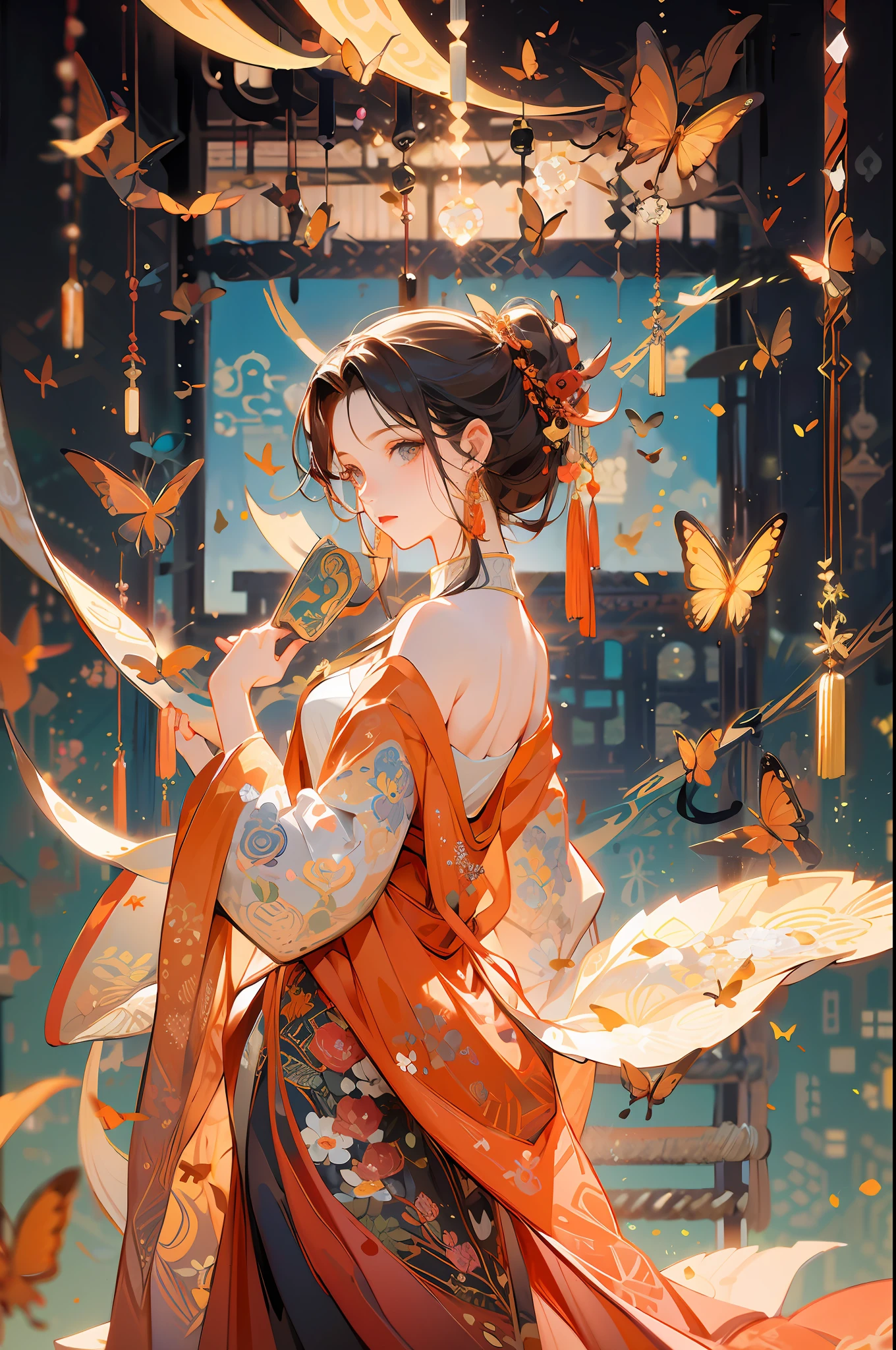 Breeze, Red Streamer Dynamic, (Masterpiece: 1.2, High Quality), (PixiV: 1.4), Song Dynasty Gong Strokes