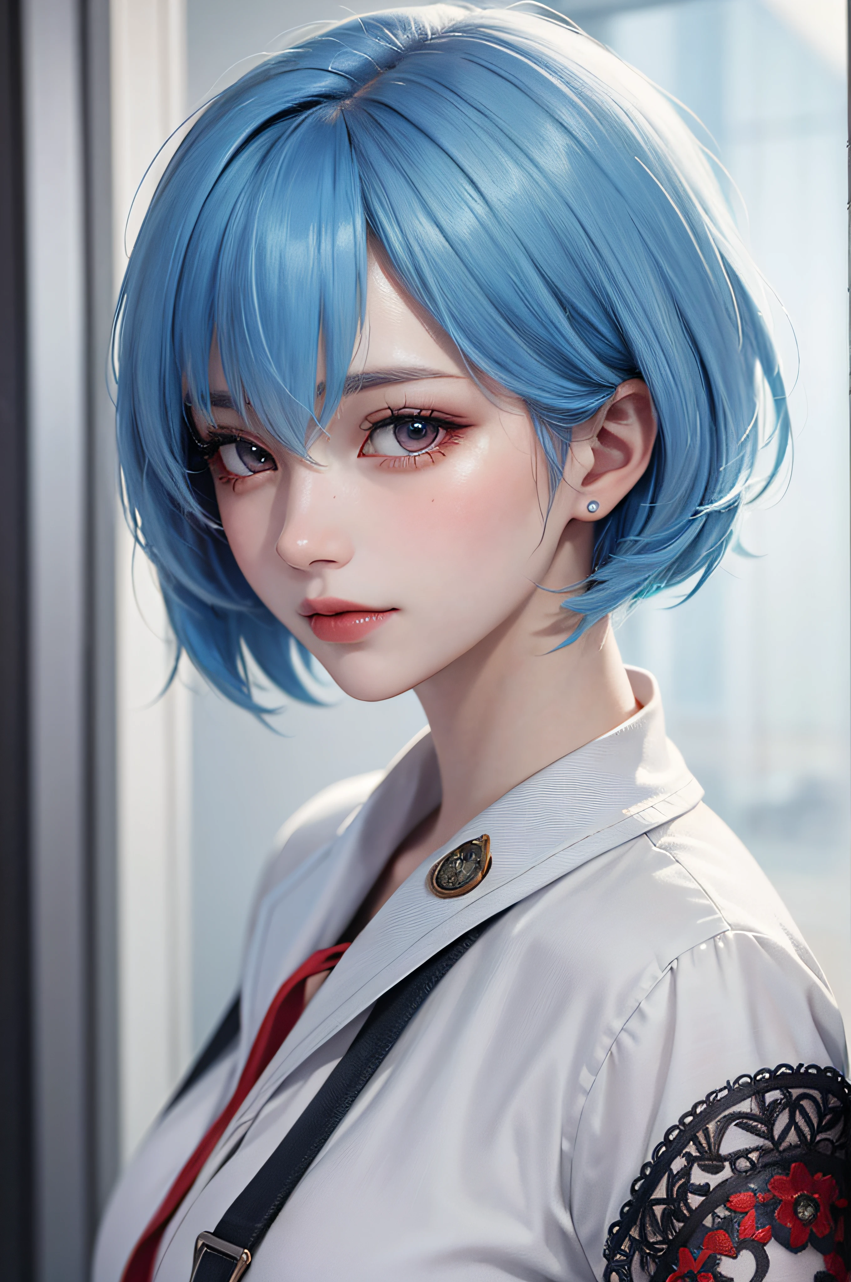 Masterpiece, Best Quality, 8K, Detailed Skin Texture, Detailed Cloth Texture, Beautiful Detail Face, Intricate Detail, Ultra Detailed, Portrait of Rei Ayanami, Blue Hair, Red Eyes, Profile, Look Up, No Background