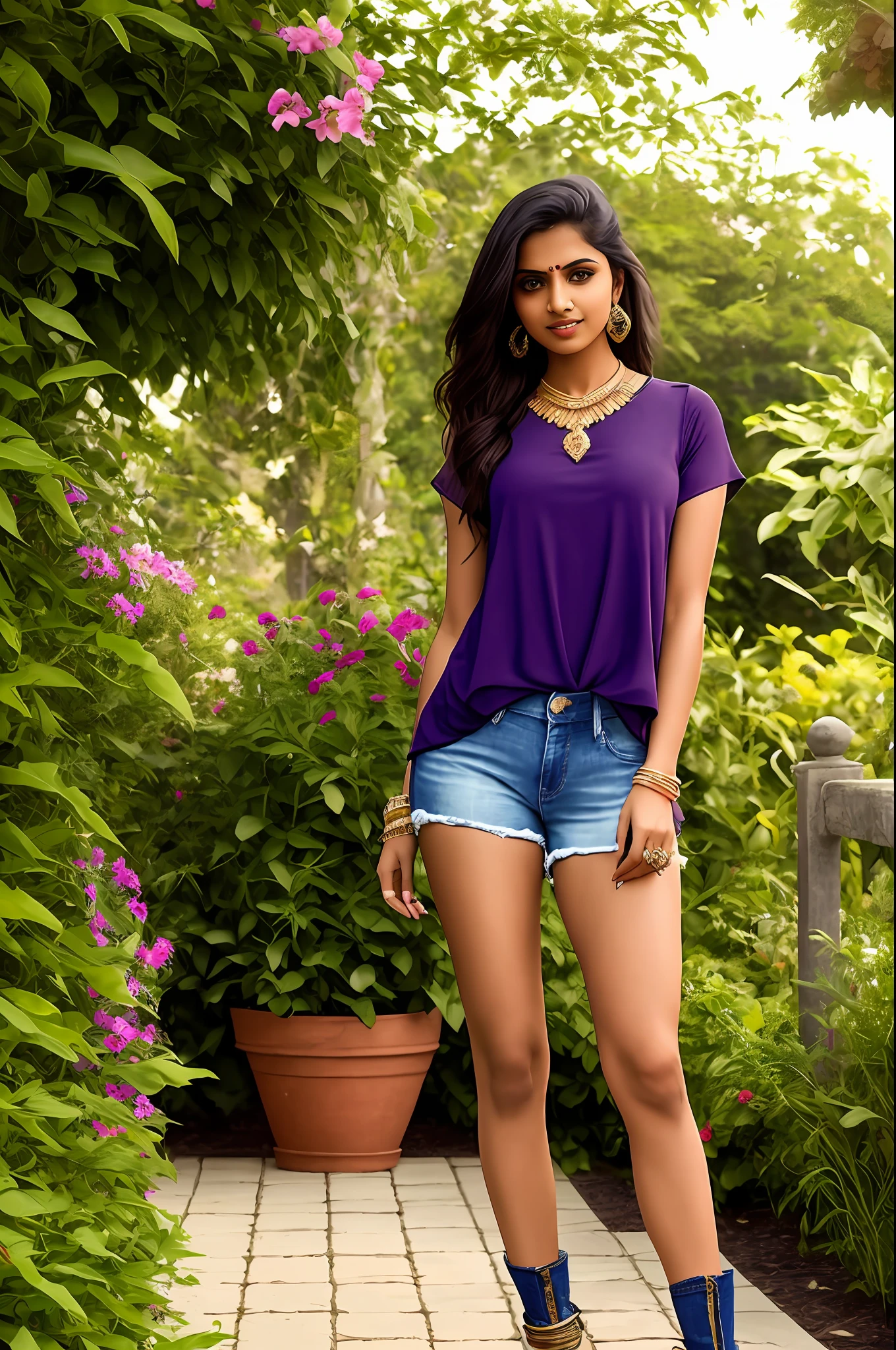 Sure! Here's an optimized prompt based on the given description:
"A seductive Indian girl, adorned with exquisite jewelry, wearing a dark purple top and dark blue Shorts jeans . Showcasing her  legs in a realistic and highly detailed manner, she poses alluringly in  front of the camera. In Garden