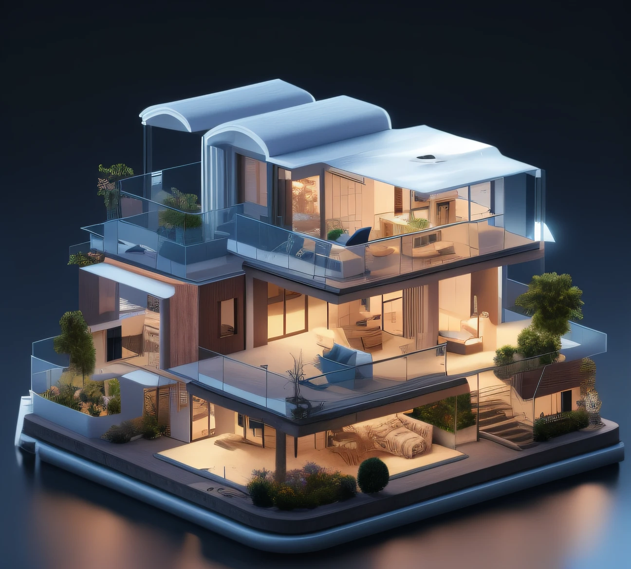 a 3d rendering of a modern house with a balcony and a living area, hyper detailed 3 d render, hyper detailed 3d render, beautifully detailed render, very realistic 3 d render, gorgeous 3d render, highly detailed render, highly detailed 3 d render, highly detailed 3d render, excellent 3d render, 3 d render even lit