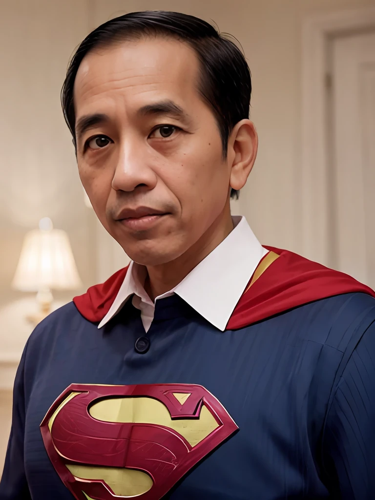 4k, Best quality, masterpiece, ultra high res, beautiful lighting, (realistic, photo-realistic:1.4), realistic background,
 jokowi, 
1man, 50 years old, superman, open_mask,