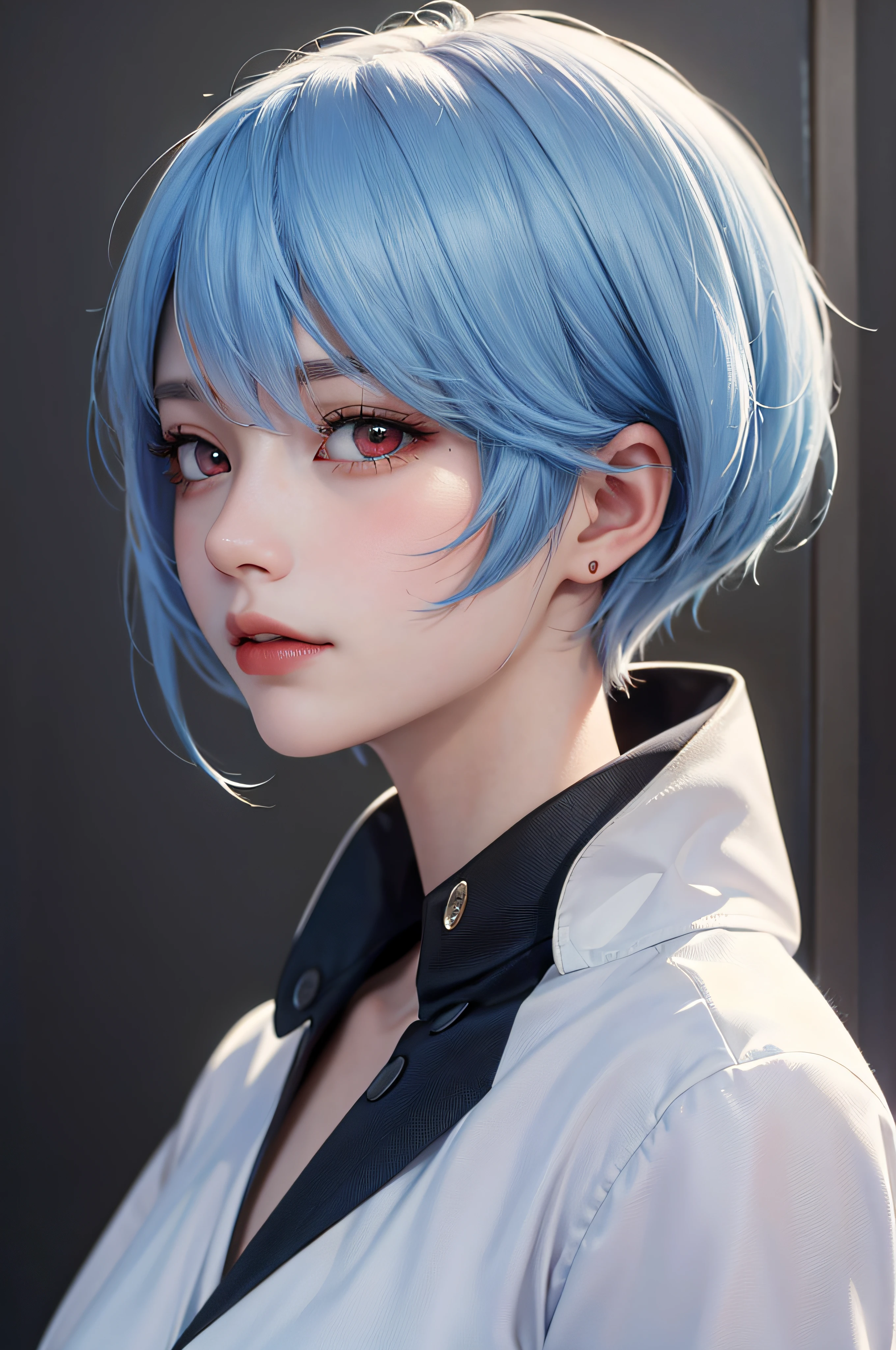 Masterpiece, Best Quality, 8K, Detailed Skin Texture, Detailed Cloth Texture, Beautiful Detail Face, Intricate Detail, Ultra Detailed, Portrait of Rei Ayanami, Blue Hair, Red Eyes, Profile, Look Up, No Background
