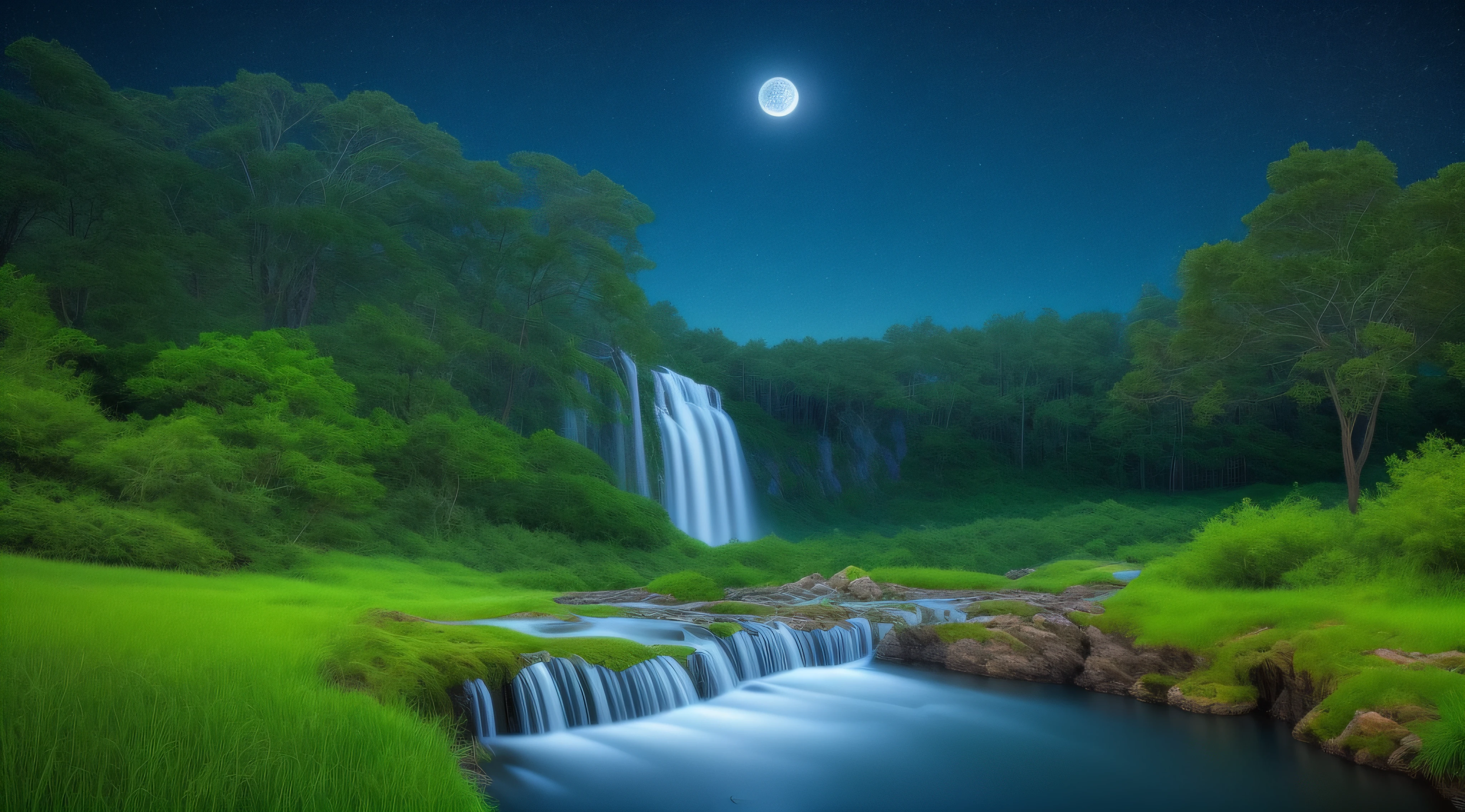 landscape, night, blue moon, bright at night, grass, waterfall, river, clear sky