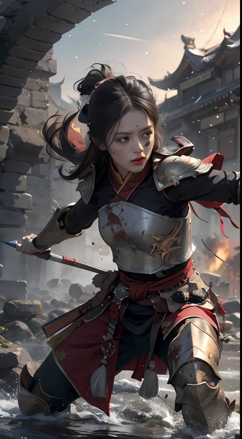 (Positive Focus), (In the Dark: 1), (Best Quality), (Realisticity: 1), Realistic Skin Texture, Highly Detailed, 8k Wallpaper, Volume Lighting, Dynamic Lighting, A Girl, Black Clothes, Red Belt, Small Amount of Armor, Shoulder Armor, Waist Guards, Hand Guards, Ancient Chinese Wind, Free Action, Running, Half-Squat Attack Stance, Bloodstain, Broken Clothes, Ancient Chinese Battlefield, Ancient Soldiers Chasing and Killing, Arrows Flying, Ancient Battlefield, Night, Dramatic Composition, Depth of Field Shot, Splashing Blood on Face