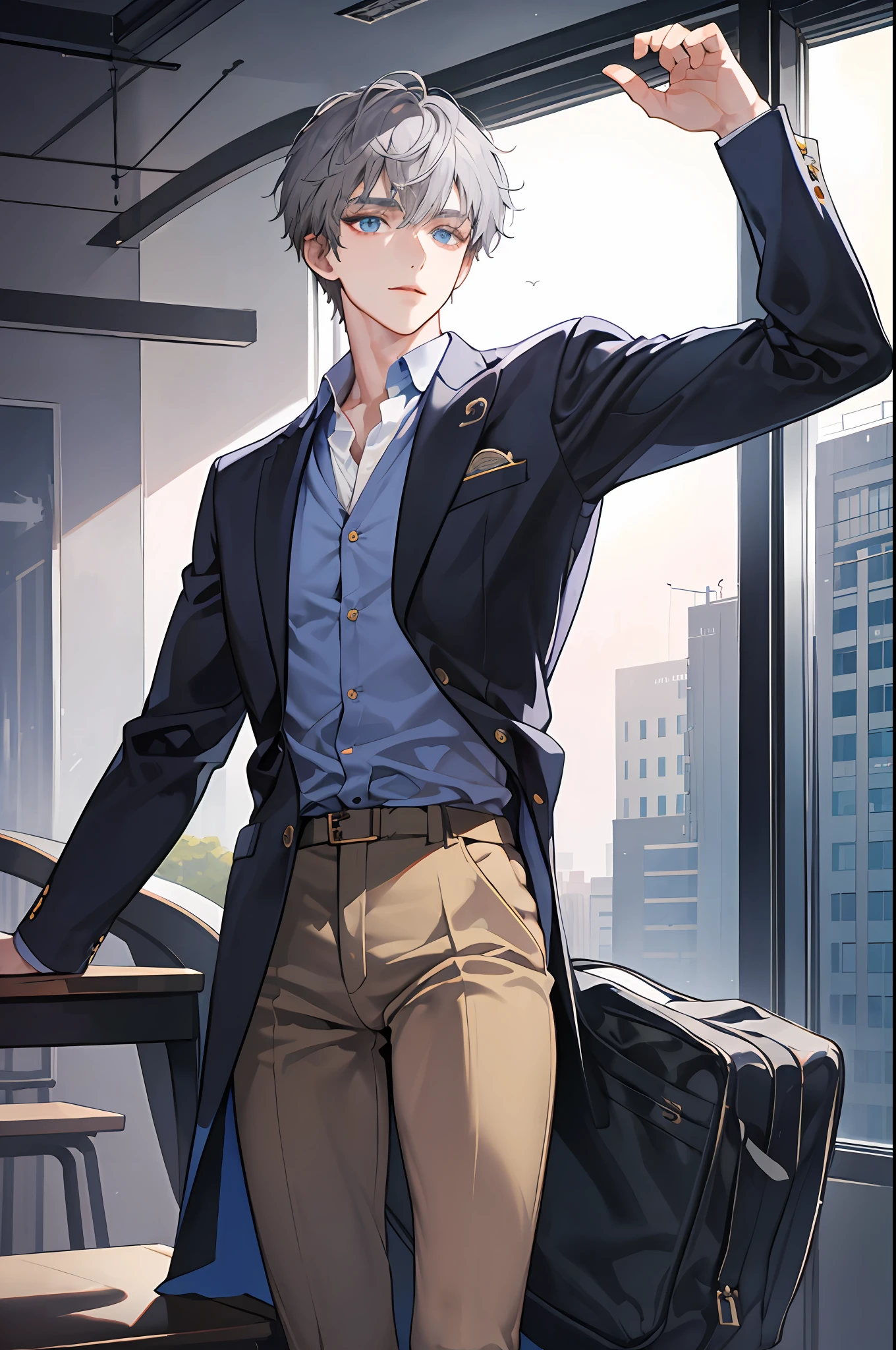 ((Masterpiece: 1.2, top quality)), (handsome: 1.4), best quality, 1man, short hair, hair trimmed short, very short hair tousled back, comma bangs, handsome student, solo, trendy, grey hair, icy blue eyes, lean body, tall body, skinny, masculine, alpha male, clean shaven face, broad shoulders, tiny waist, modern, man wears korean school uniform, sophisticated uniform, brown trousers, blue shirt, dark blue blazer, student council badge, half body shot, CG 8k, high school student, perfect anatomy, correct limbs, looking at viewer, in school classroom
