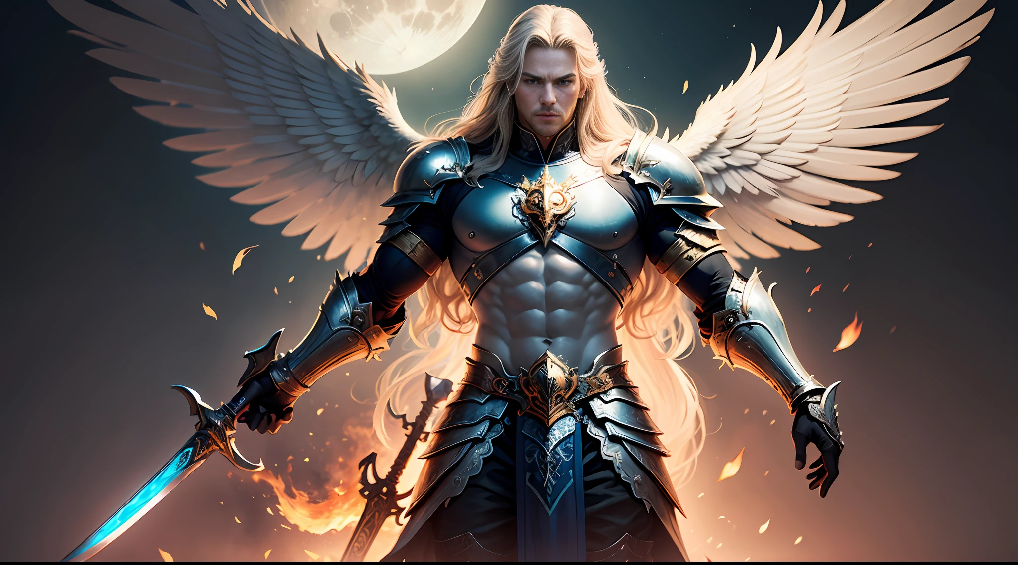 A mature man like Mighty Archangel Michael, with a muscular constitution and long hair, is in battle armor, flaming blue sword of golden pearls, extremely detailed white wings, moon background, surreal, fantasy, magical, intricate details, dramatic angle, (dynamic upper body posture: 1.1), dramatic lighting, depth of field. Best quality, masterpiece, ultra high resolution, (anime realism, photorealistic: 1.4), perfect composition, centered, symmetry