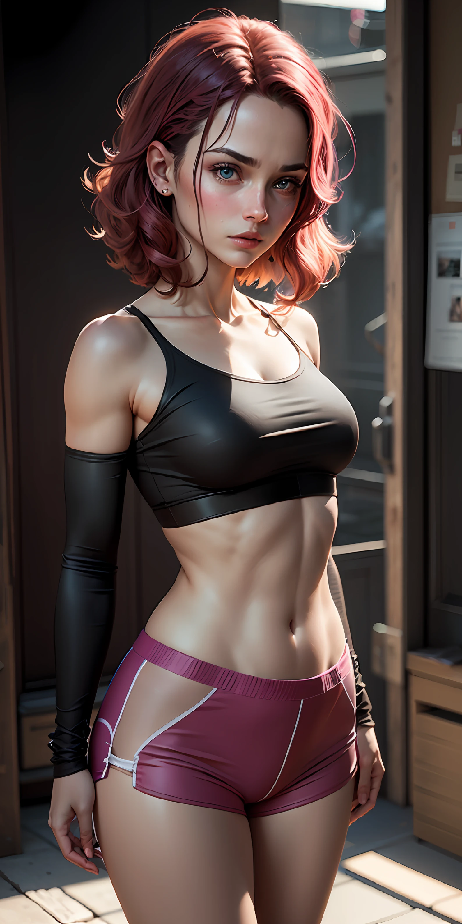 (photorealistic: 1.4), (masterpiece, side lighting, beautiful finely detailed eyes: 1.2), masterpiece*portrait, realistic, 3d face, bright eyes, bright hair, glossy skin, solo, embarassed, (midriff), black underwear, hair Green with pink --auto