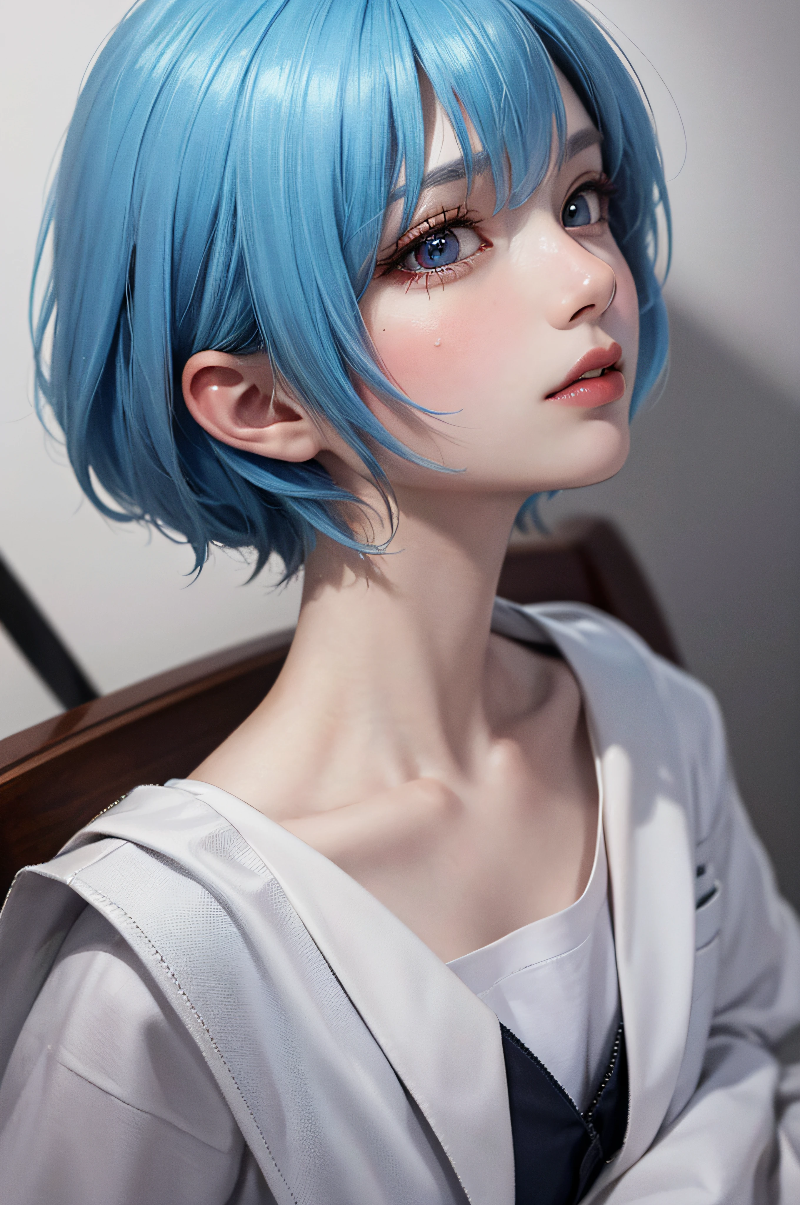 Masterpiece, Best Quality, 8K, Detailed Skin Texture, Detailed Cloth Texture, Beautiful Detail Face, Intricate Detail, Ultra Detailed, Portrait of Rei Ayanami, Blue Hair, Red Eyes, Profile, Look Up, No Background