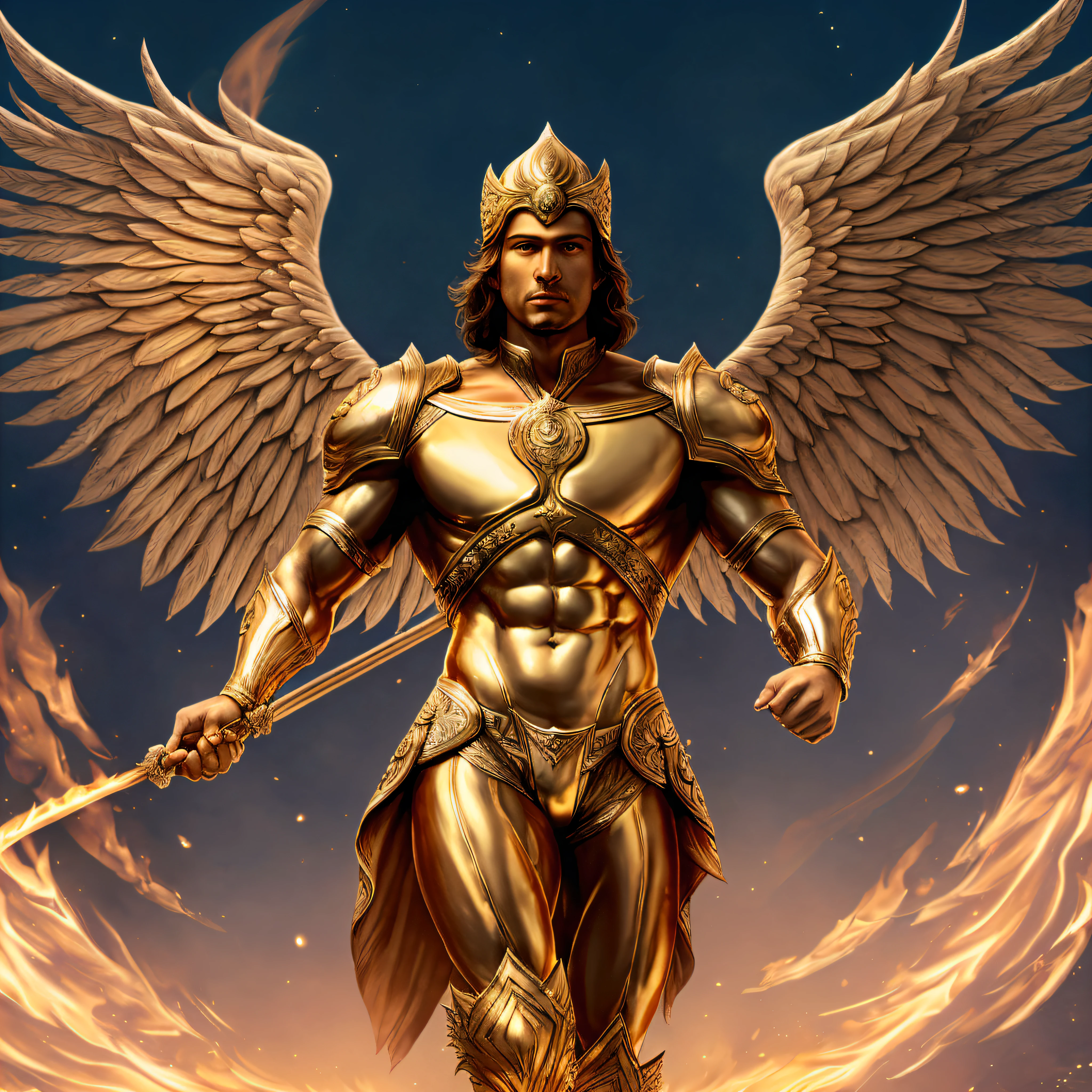 four wings, Latin western face, human, 4 wings, (( dressed white clothes)(with long white)); (dressed in white linen clothing) (with a pure gold belt around the waist). the skin shiny like topaz; (flickering came out of his face and his (eyes were like torches of fire)); the arms and feet shone like bronze as well; body without muscles, sword of fire