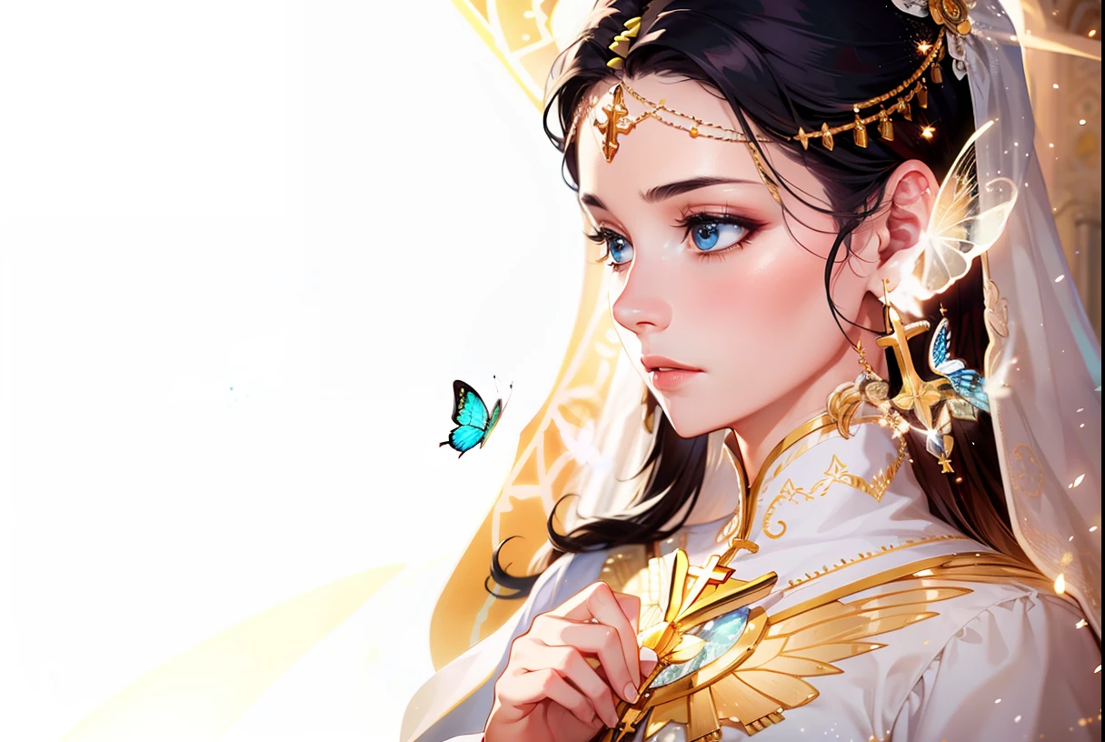 photorealistic, (hyperrealistic:1.2), beautiful, masterpiece, best quality, extremely detailed face, perfect lighting, nice hands, perfect hands,    A divine and radiant angel in celestial splendor, (heavenly presence:1.2), (serene expression), (majestic wings), (ethereal glow:1.1), (peaceful and comforting),(Cheekbone butterfly tattoo),(Church setting:1.3),moon, star, cloud, wind