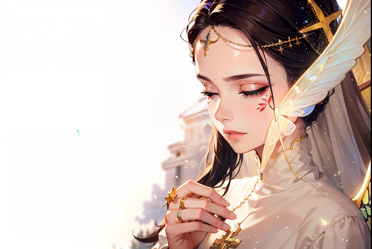 photorealistic, (hyperrealistic:1.2), beautiful, masterpiece, best quality, extremely detailed face, perfect lighting, nice hands, perfect hands,    A divine and radiant angel in celestial splendor, (heavenly presence:1.2), (serene expression), (majestic wings), (ethereal glow:1.1), (peaceful and comforting),(Cheekbone butterfly tattoo),(Church setting:1.3),moon, star, cloud, wind