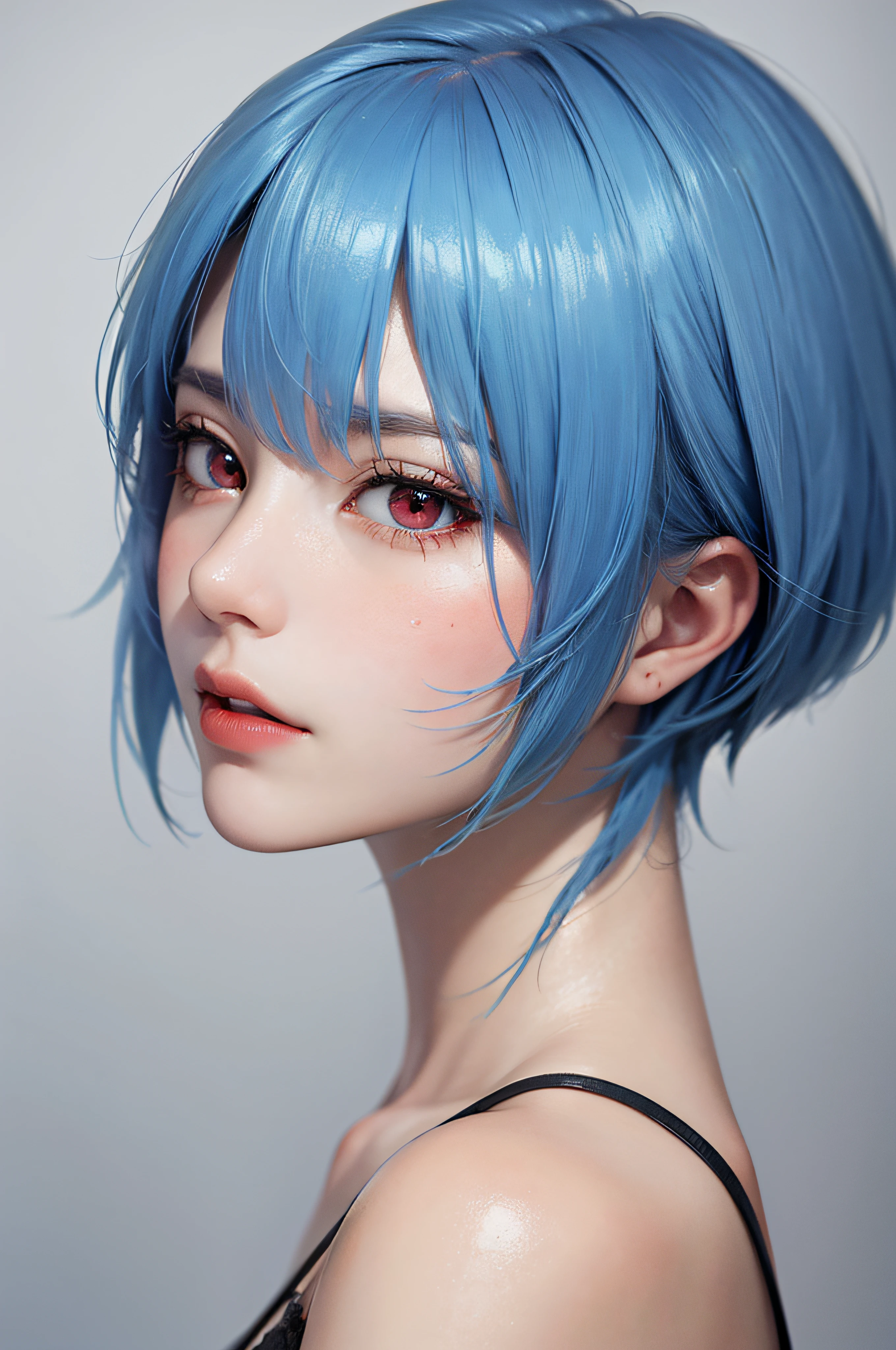 Masterpiece, Best Quality, 8K, Detailed Skin Texture, Detailed Cloth Texture, Beautiful Detail Face, Intricate Detail, Ultra Detailed, Portrait of Rei Ayanami, Blue Hair, Red Eyes, Profile, Look Up, No Background