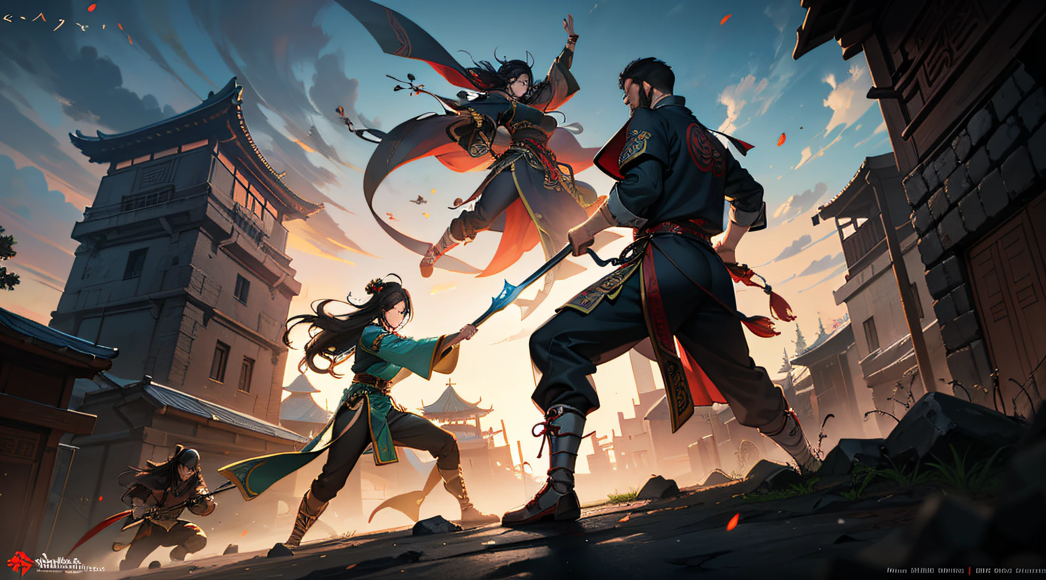 ((Ancient Chinese warriors fighting chaotically on the mountain)), evening, fighting, foreground with your back to the camera Ancient Chinese soldiers, ((Vista of ancient Chinese city gates)), ((Character costumes flowing)), long coats, satin, ((thick painted style))) A row of city walls, an arch in the middle, the empty field under the city gate occupies one-third of the picture, Hongtu Tianxia, Three Kingdoms, National War, Guan Yu, Zhang Fei, Zhuge Liang, Gaze at the enemy, light martial arts style, Flowing, branches, Yang J's concept art, Artstation competition winner, Fantasy art, Tuomas Korpi and WLOP, detailed game art illustration, medieval fantasy game art, honor character concept art, wojtek fus, medieval concept art, detailed game art, night battle raging behind him, dramatic concept art,