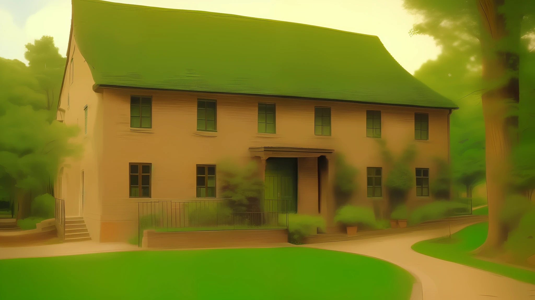 Old photo style, low saturation, quaint architecture, green brick façade, ground paths, old streets, metropolitan style