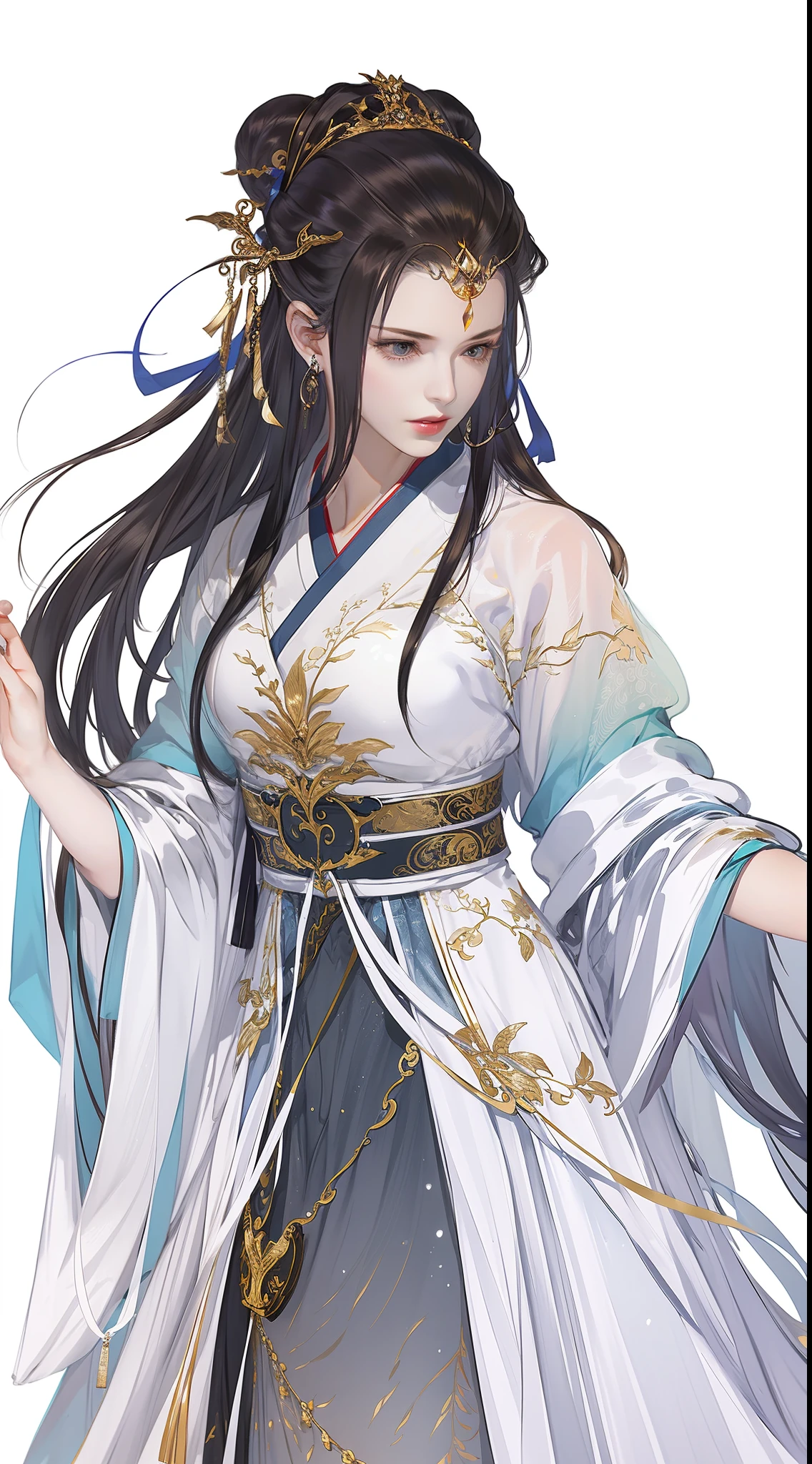 (8k, RAW Photo: 1.2), Best Quality, Illustration, Beautiful Painting, 1 Woman, Beautiful Face, Delicate Skin, Gorgeous Bun, Hair Accessories, Hanfu, Jewelry, Full Body, High Detail, Accent, Flowing Soft Gauze, Sketch, Denoising, Dramatic, Cinematic, Particle Effects, White Background, Ultra High Resolution, Best Shadow, RAW, (HDR) (Wallpaper) (Cinematic Lighting) (Sharp Focus), Masterpiece, (Very Detailed CG Unified 8k Wallpaper)