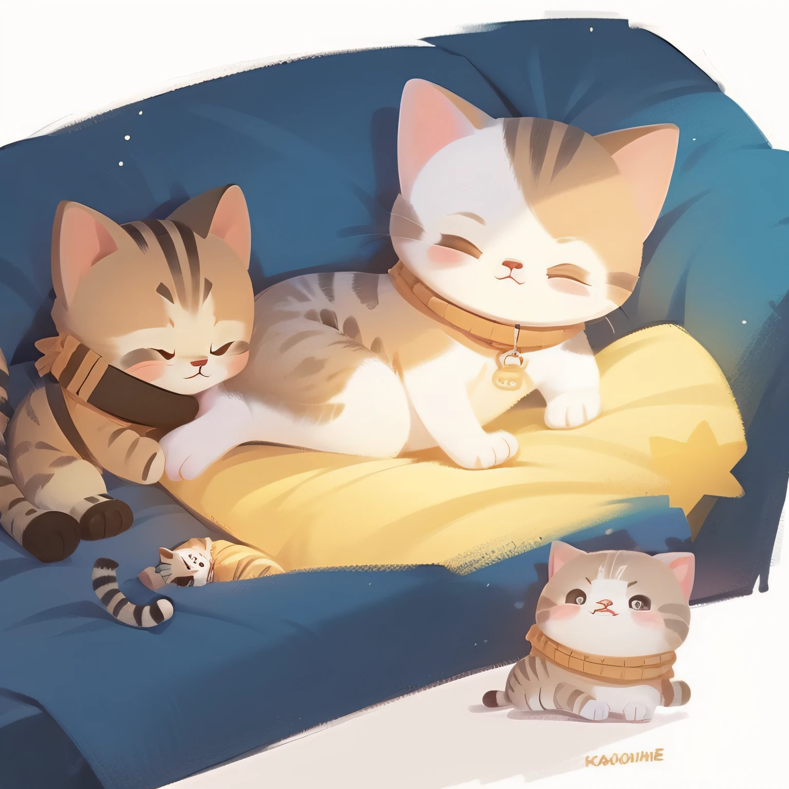 A kitten sleeps lazily on the sofa，a white background，Available in illustrations，cute cartoon