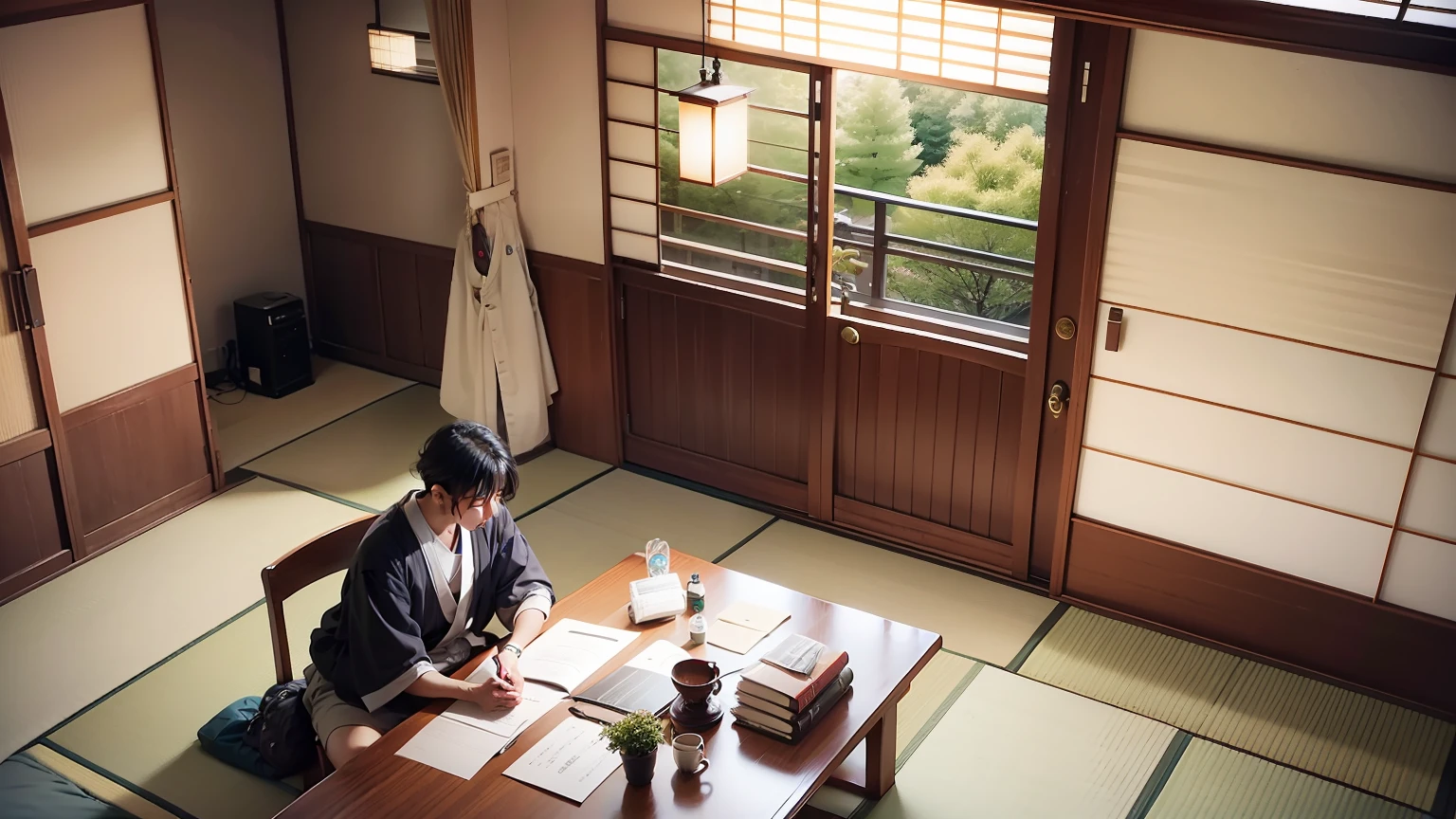 Japanese male college student in a Japanese-style room.
