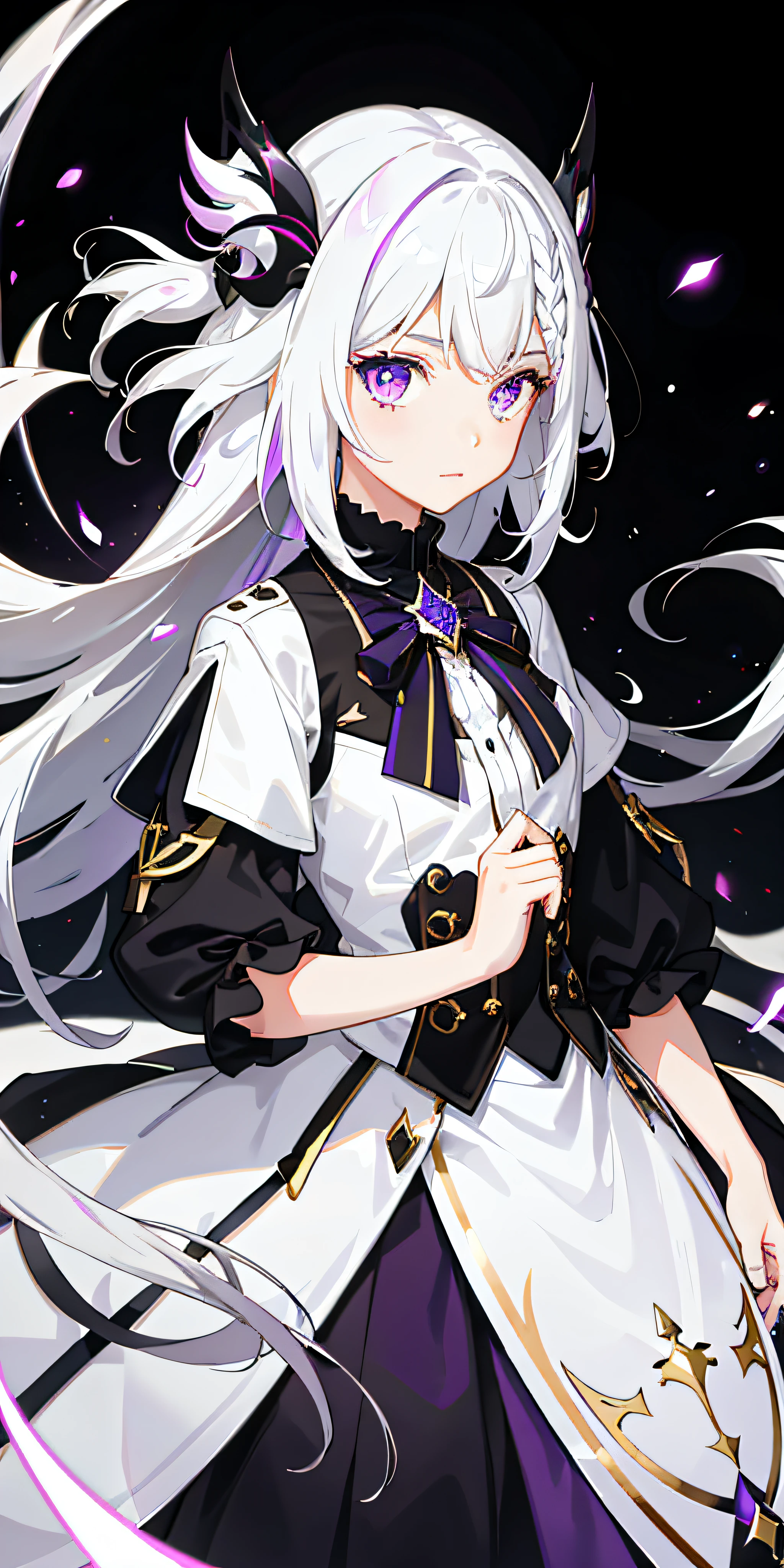 1girl, white hair, multicolored hair, purple eyes, mask on head, sidelighting, light particles, wallpaper,