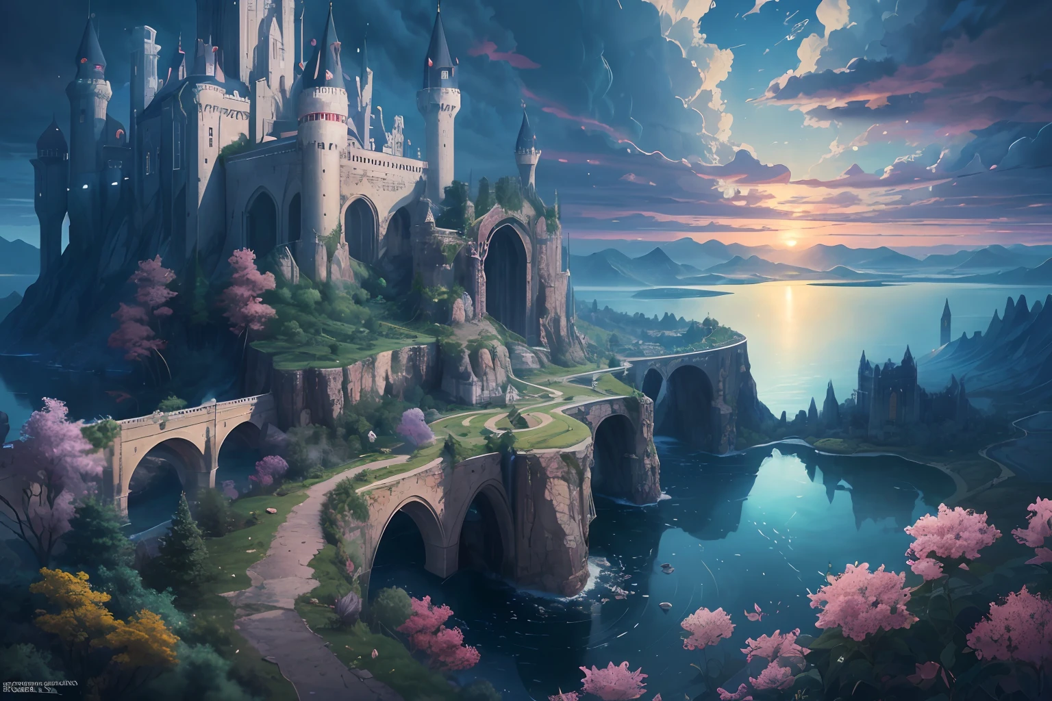 High resolution, super detailed, official art, unified 8k wallpaper, super detailed, beautiful and aesthetic, elven kingdom, castle built on a cliff, world tree, vines, thorns, dark, forest, lake, sky, clouds, magic, fantasy incredible, supersaturated, surreal, high resolution, artgerm, masterpiece, super detailed, epic composition, high quality, highest quality, 16k