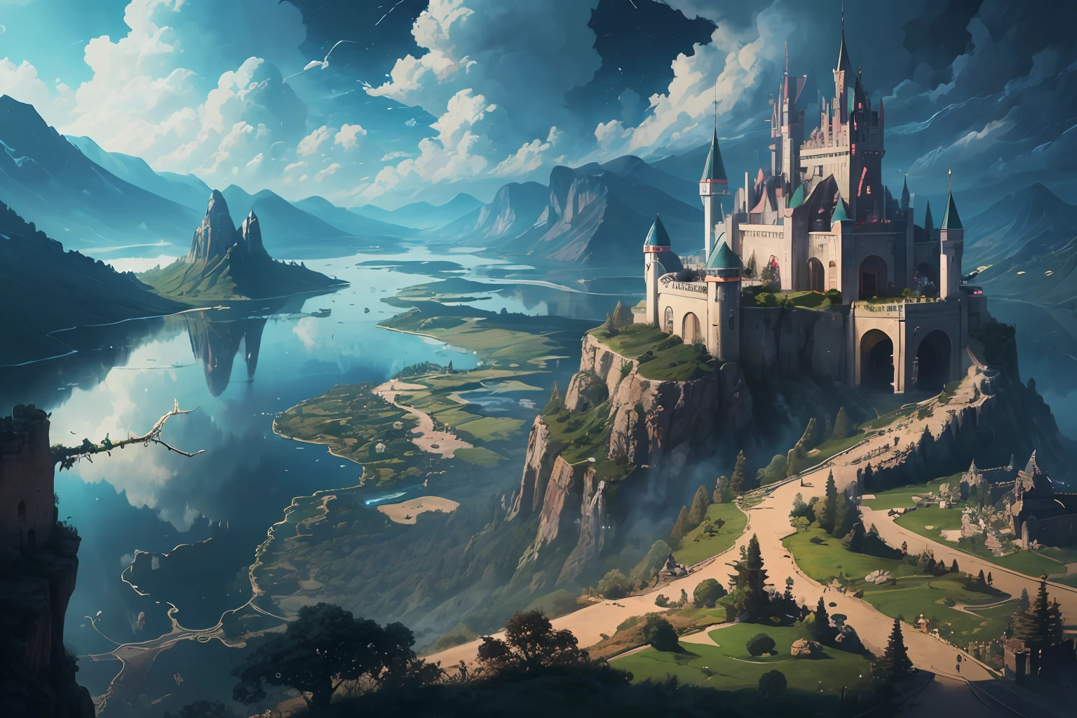 High resolution, super detailed, official art, unified 8k wallpaper, super detailed, beautiful and aesthetic, elven kingdom, castle built on a cliff, world tree, vines, thorns, dark, forest, lake, sky, clouds, magic, fantasy incredible, supersaturated, surreal, high resolution, artgerm, masterpiece, super detailed, epic composition, high quality, highest quality, 16k