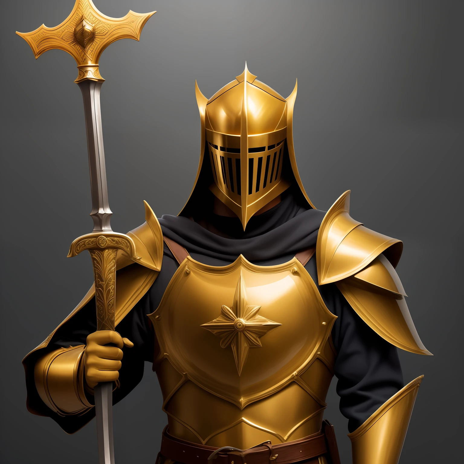 Golden Knight Templar armor with gray colors, white pottery, with masks and a human face holding a crucifix-shaped sword. --auto