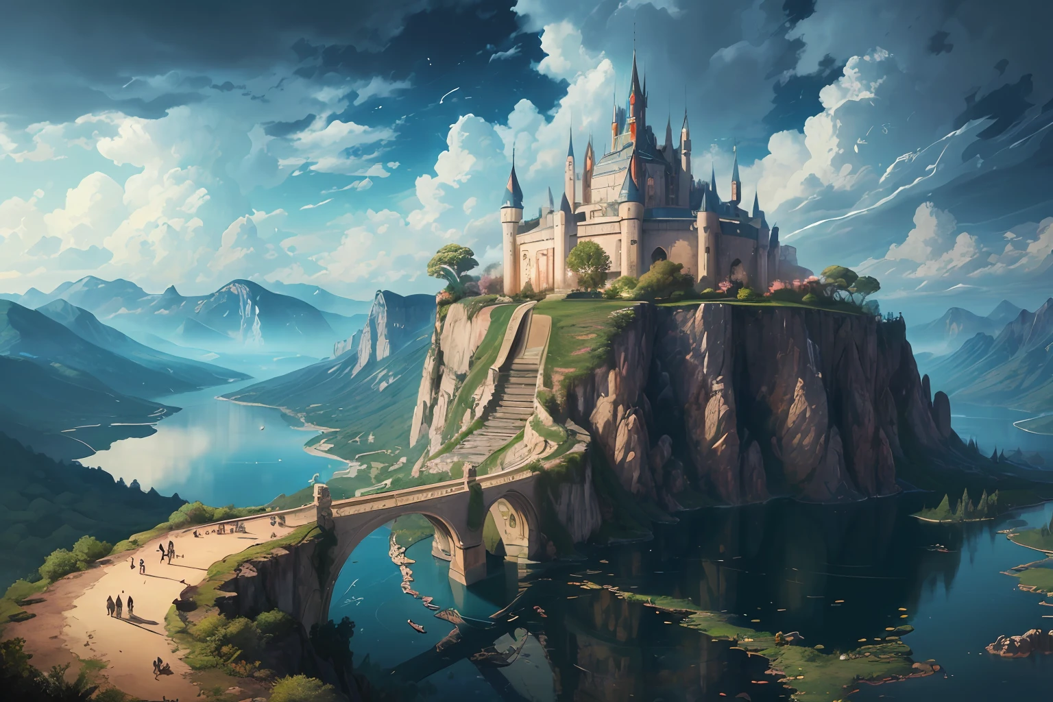 High resolution, super detailed, official art, unified 8k wallpaper, super detailed, beautiful and aesthetic, elven kingdom, castle built on a cliff, world tree, vines, thorns, dark, forest, lake, sky, clouds, magic, fantasy incredible, supersaturated, surreal, high resolution, artgerm, masterpiece, super detailed, epic composition, high quality, highest quality, 16k