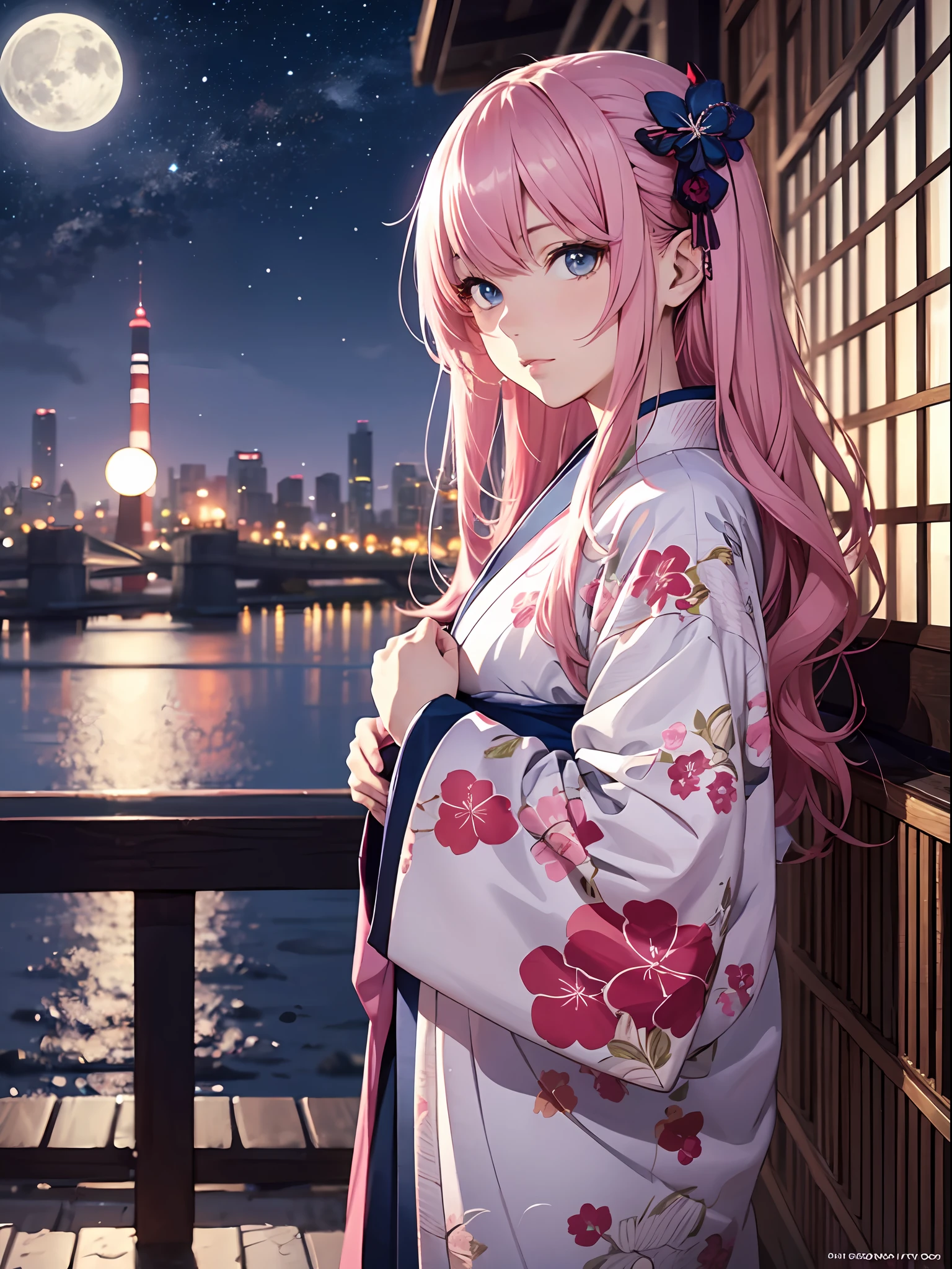 Top quality, photorealistic, ultra-fine illustration, beautiful attractive anime girl, Megurine luka, pink hair, tied hair, one girl, photo of girl in kimono, full body, beautiful blue eyes, looking sideways, moon, night,