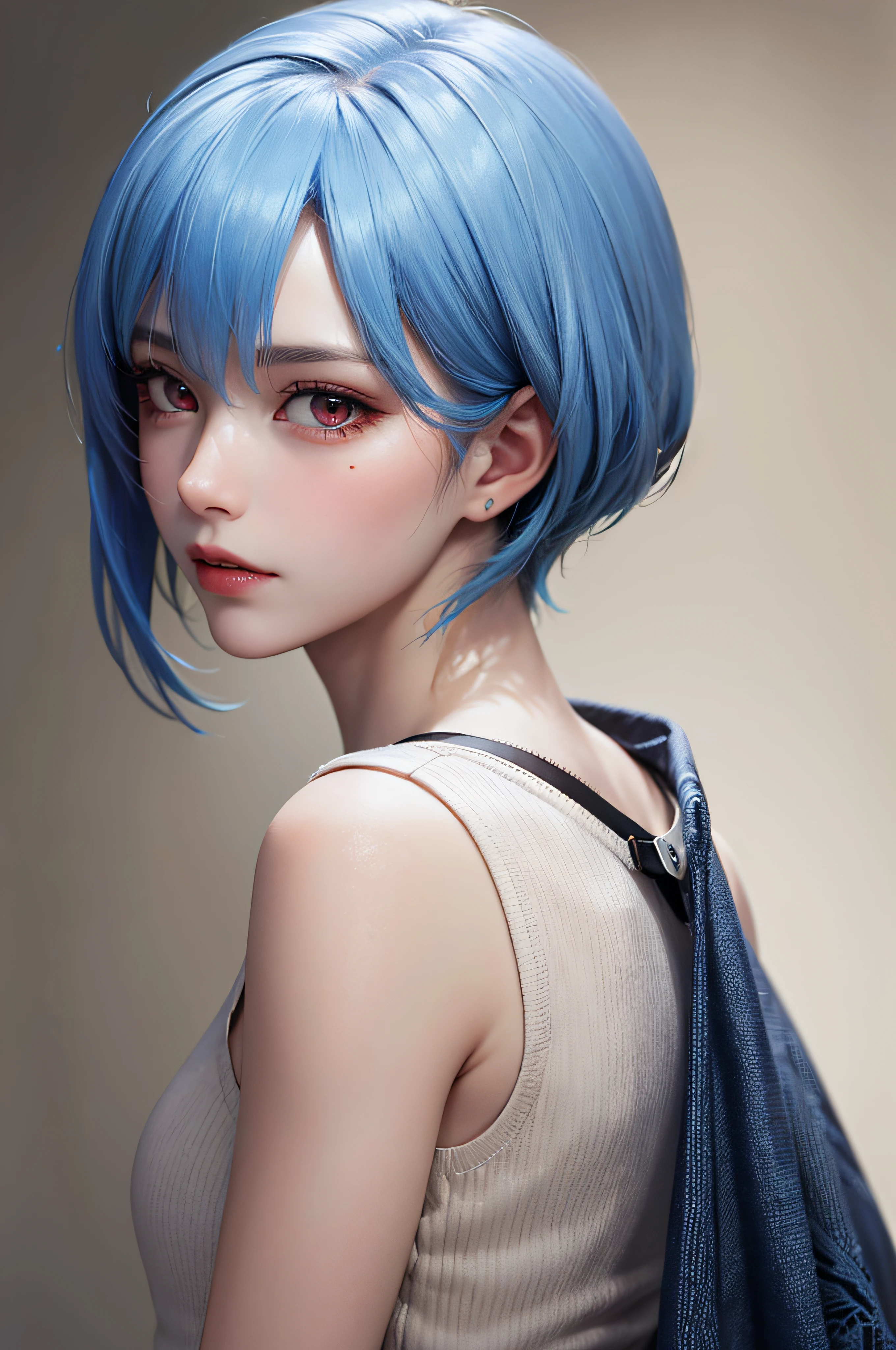 Masterpiece, Best Quality, 8K, Detailed Skin Texture, Detailed Cloth Texture, Beautiful Detail Face, Intricate Detail, Ultra Detailed, Portrait of Rei Ayanami, Blue Hair, Red Eyes, Looking Back, No Background