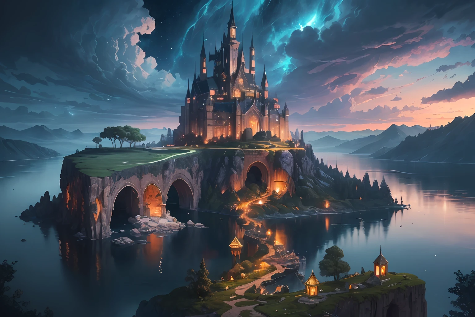 High resolution, super detailed, official art, unified 8k wallpaper, super detailed, beautiful and aesthetic, elven kingdom, castle built on a cliff, world tree, vines, thorns, dark, forest, lake, sky, clouds, magic, fantasy incredible, supersaturated, surreal, high resolution, artgerm, masterpiece, super detailed, epic composition, high quality, highest quality, 16k