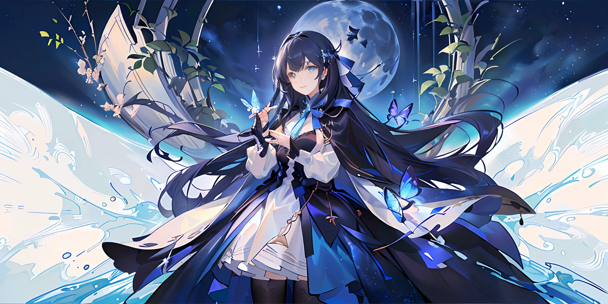 A woman with a sisterly feeling but a little mature, long sea blue hair, long hair and waist, scattered, black hair, inner layer dyed sky blue, blue eyes, surrounded by five three-dimensional things of azure blue, interstellar commander, solemn and tightly wrapped aristocratic dress, shawl dark blue cape with starry sky drawing inside, dark blue oversized swing princess dress, stellar embellishment on the skirt, is a wistful smile, left eye has a display eyepiece, dark blue butterflies fly beside it, right ring finger with ring, sense of technology, background is theater, starry sky curtain