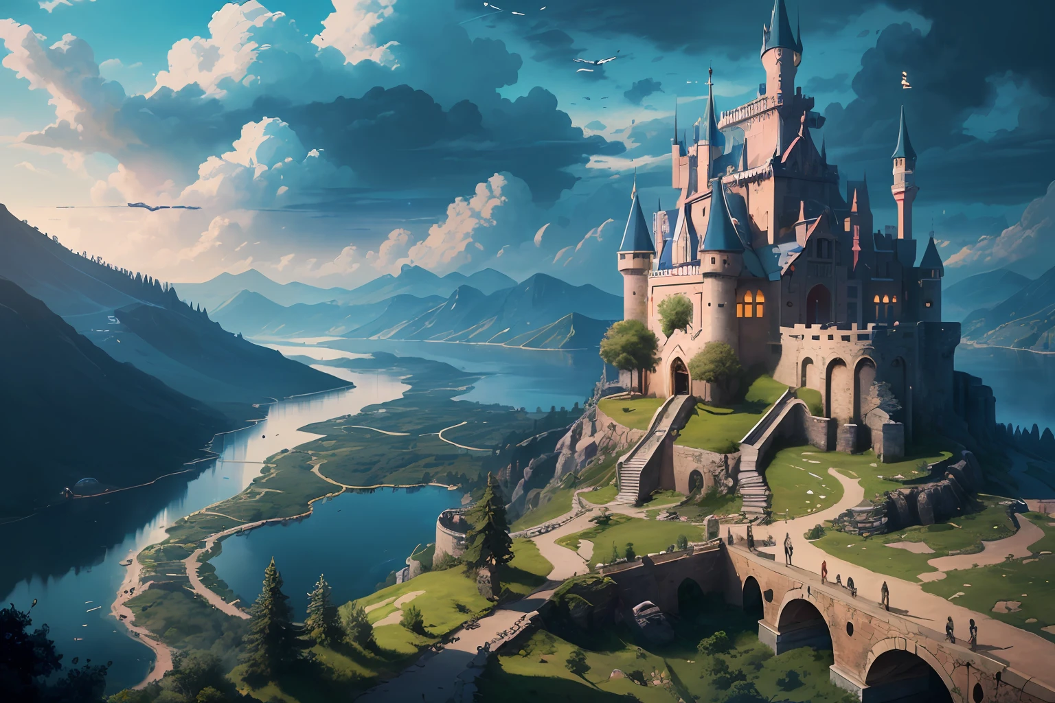 High resolution, super detailed, official art, unified 8k wallpaper, super detailed, beautiful and aesthetic, elven kingdom, castle built on a cliff, world tree, vines, thorns, dark, forest, lake, sky, clouds, magic, fantasy incredible, supersaturated, surreal, high resolution, artgerm, masterpiece, super detailed, epic composition, high quality, highest quality, 16k