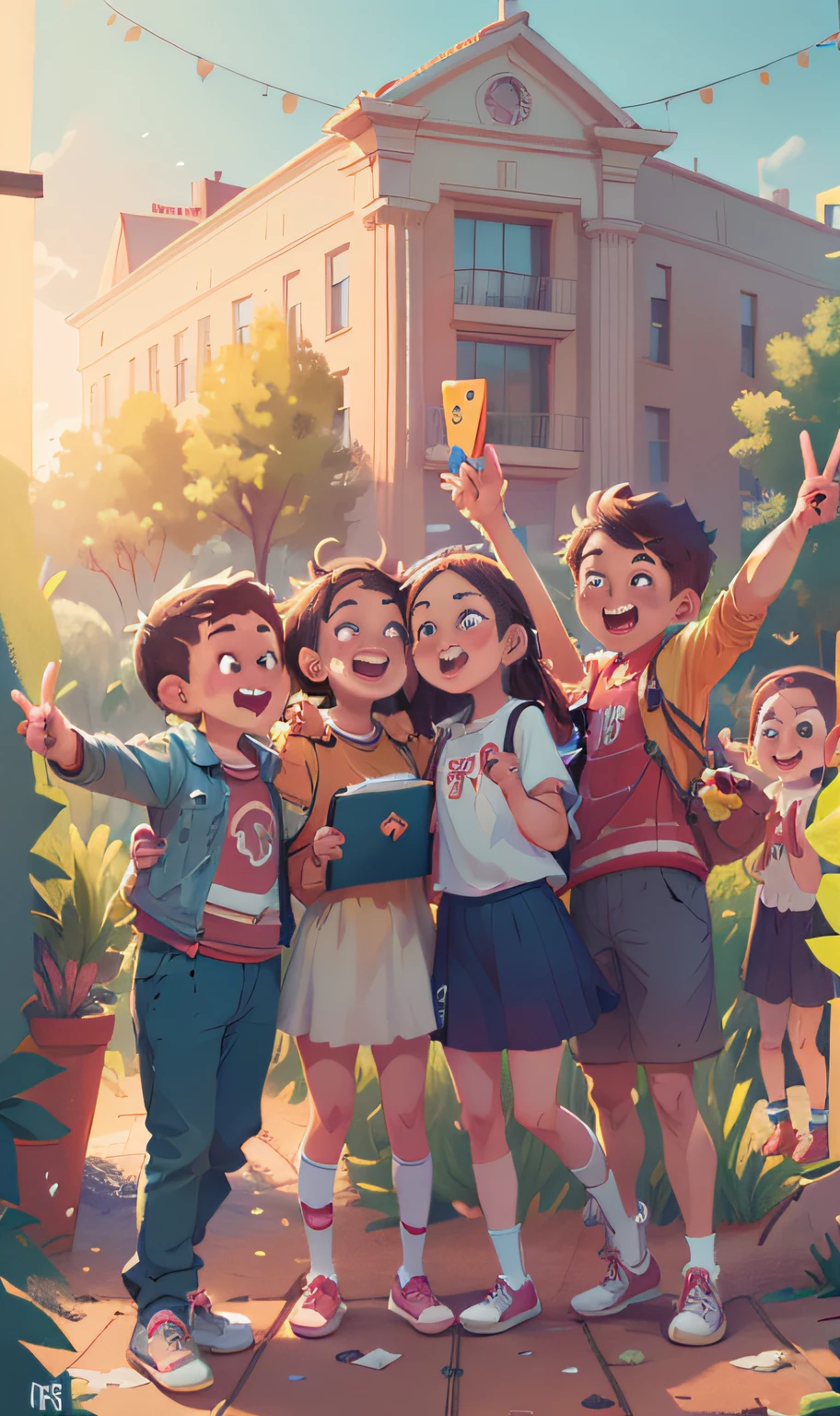 (((best quality))),(((ultra detailed))),(((masterpiece))),illustration,3 people,selfie,1boy,2girls,happy,victory sign,university,classroom,excited,enrollment,trees,sunset,memorable