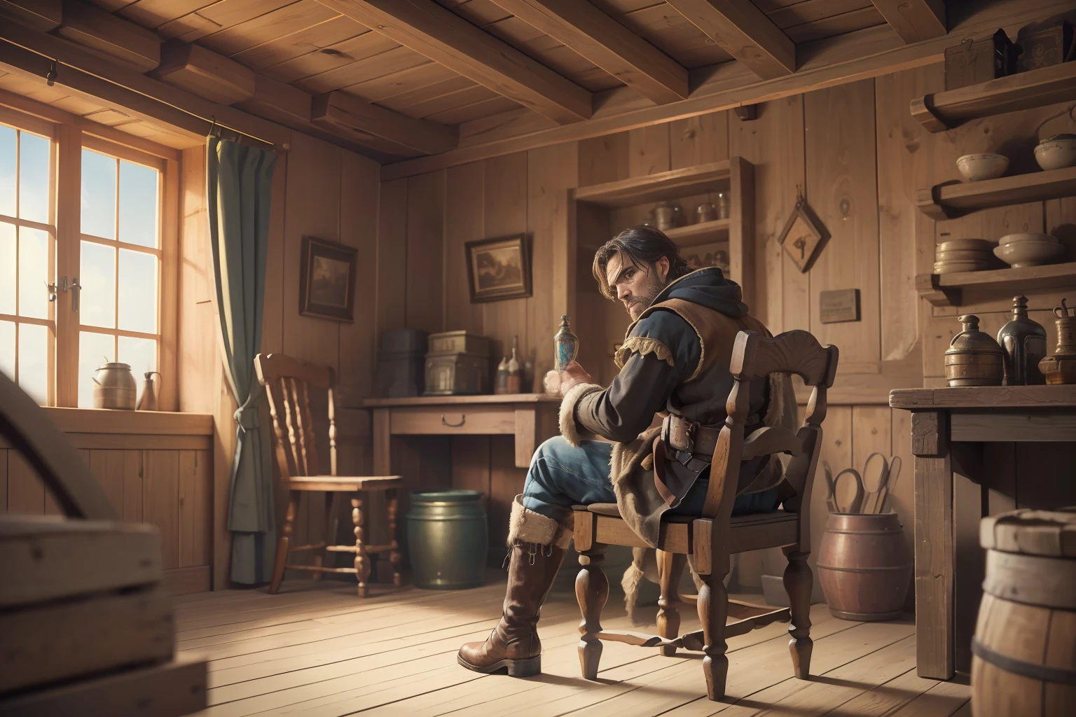 Masterpiece, highly detailed, ultra-realistic, detailed background,
beautiful face, beautiful eyes, medieval style,
(dark wooden inn room),
(Bandit man sitting on chair with legs crossed), (full body), (boots), wide shot, (from behind:1.5)