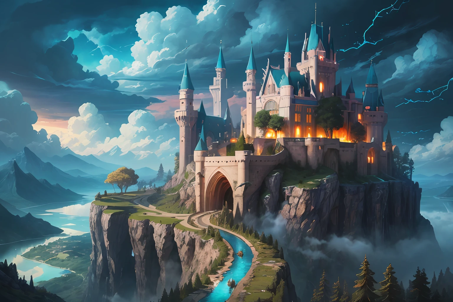 High resolution, super detailed, official art, unified 8k wallpaper, super detailed, beautiful and aesthetic, elven kingdom, castle built on a cliff, world tree, vines, thorns, dark, forest, lake, sky, clouds, magic, fantasy incredible, supersaturated, surreal, high resolution, artgerm, masterpiece, super detailed, epic composition, high quality, highest quality, 16k