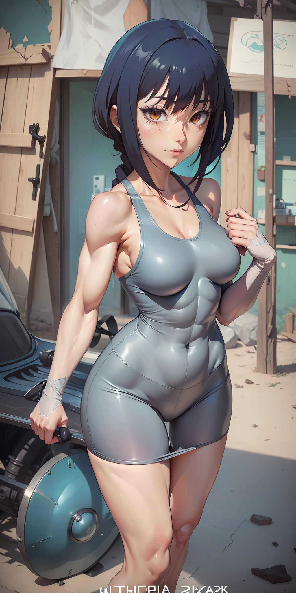 ((anime)),(8k),(((cracked body)))), (elbow gloves), well-defined muscular body, super intricate details, perfect face,ultra detailed, blue and red hair