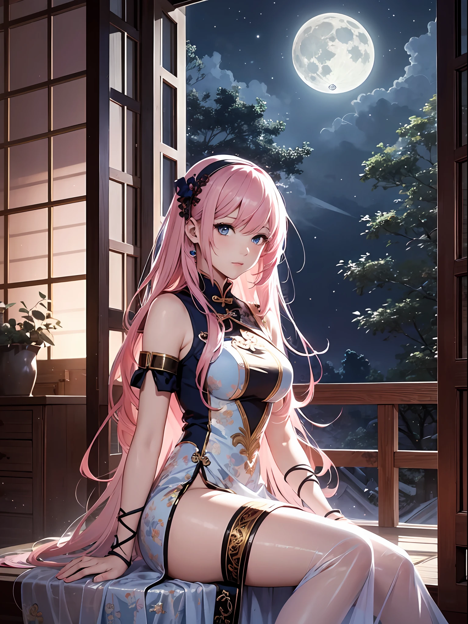 Top quality, photorealistic, ultra-fine illustration, beautiful attractive anime girl, Megurine luka, pink hair, tied hair, one girl, photo of girl in Chinese style sheer dress, full body, beautiful blue eyes, sideways, moon, night,