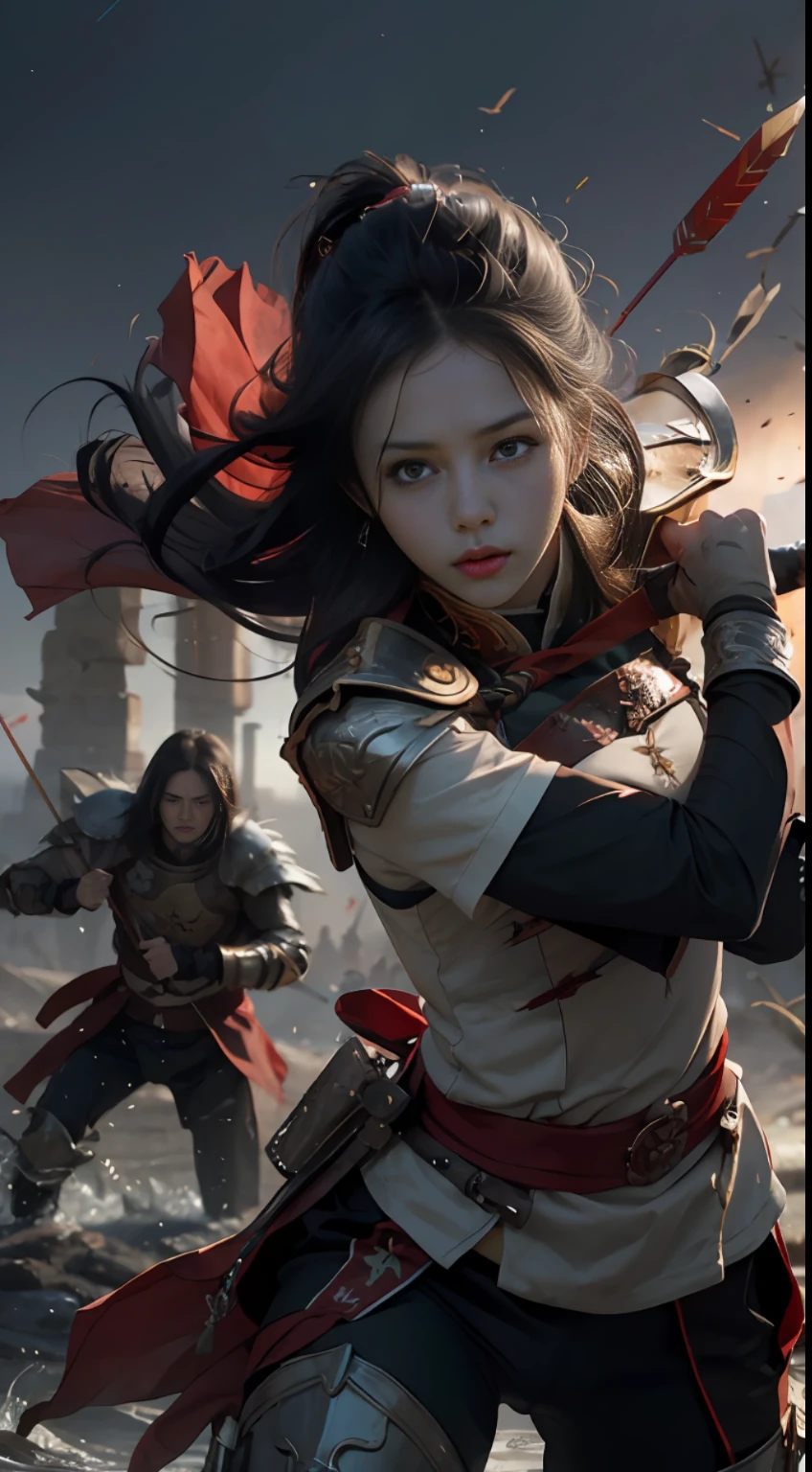 (Positive Focus), (In the Dark: 1), (Best Quality), (Realisticity: 1), Realistic Skin Texture, Highly Detailed, 8k Wallpaper, Volume Lighting, Dynamic Lighting, A Girl, Black Clothes, Red Belt, Small Amount of Armor, Shoulder Armor, Waist Guards, Hand Guards, Ancient Chinese Wind, Free Action, Running, Half-Squat Attack Stance, Bloodstain, Broken Clothes, Ancient Chinese Battlefield, Ancient Soldiers Chasing and Killing, Arrows Flying, Ancient Battlefield, Night, Dramatic Composition, Depth of Field Shot, Splashing Blood on Face