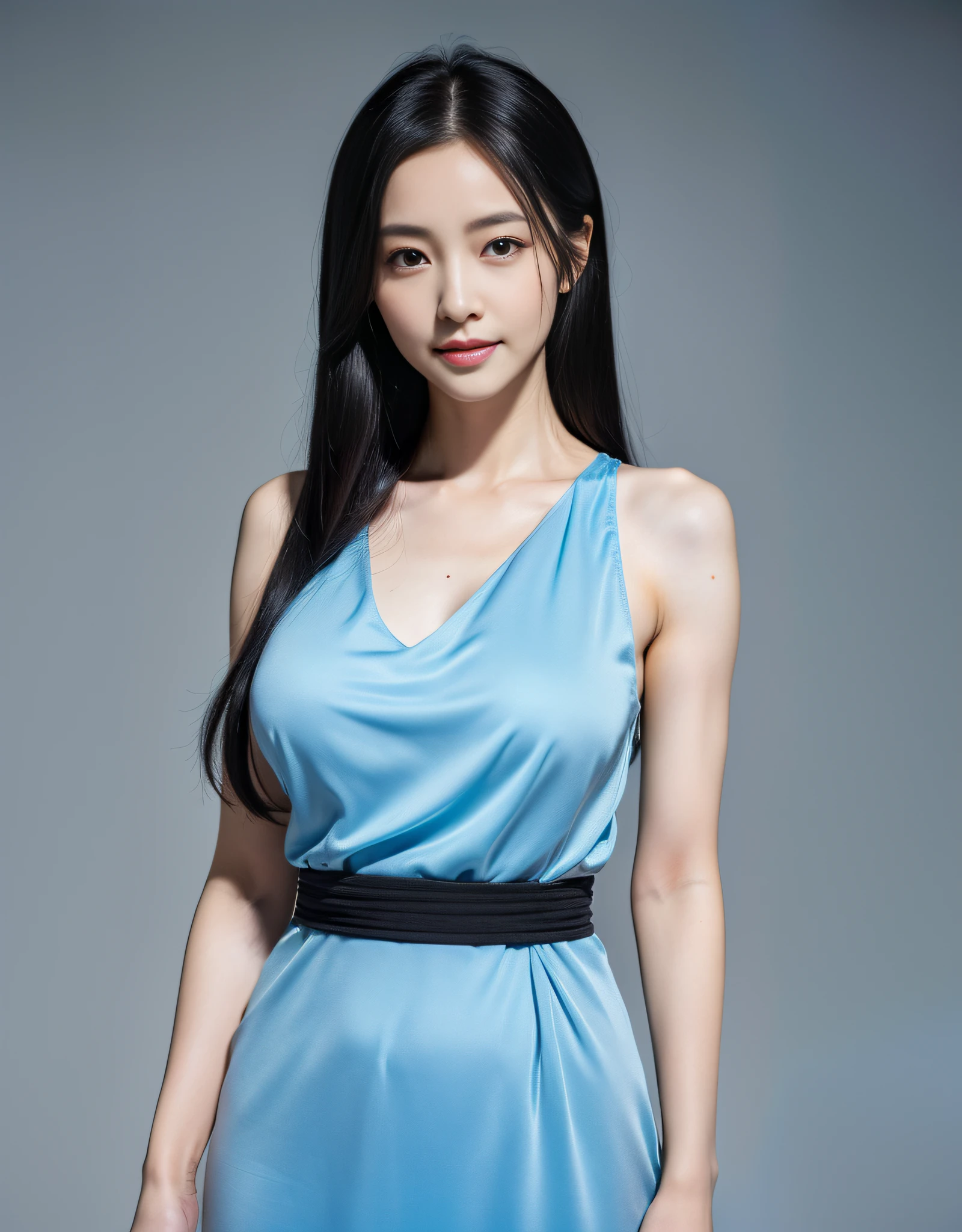 (8k, RAW photo:1.2),Top quality, super high resolution, slightly big breasts, big eyes, slender waist, abs, firm buttocks, light smile, 8k, very fine face, delicate lips, delicate eyes, double eyelids, long black hair in a light blue dress, onmyoji portrait, black hair, 8k, full body photo