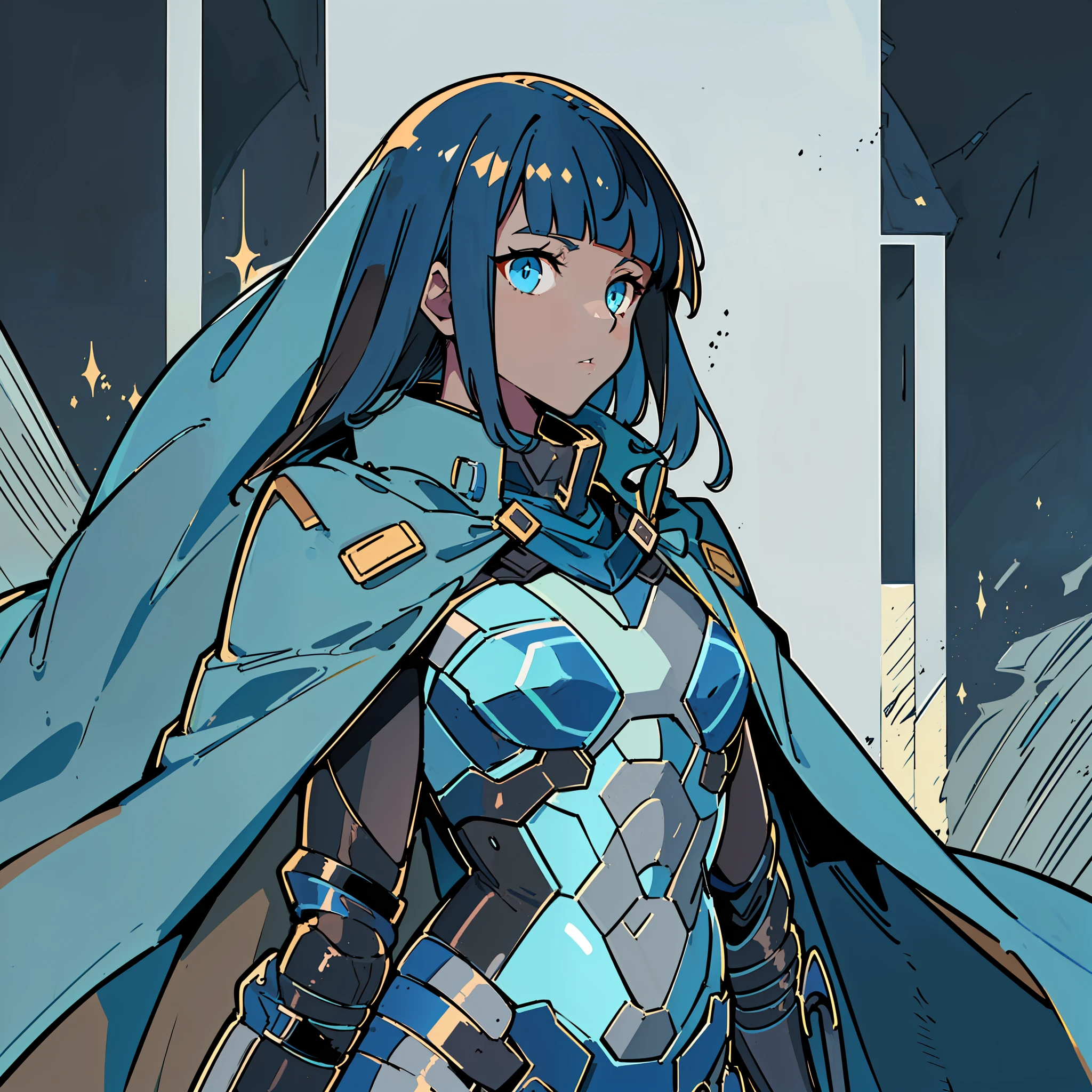 (((Profile Pic))), (((Flat Chest))) Female, (((Brown Skin)))), (((Long Dark Blue Hair with bangs)))), Light Blue Eyes, (((((Black Battle Tech Suit Covered by a Dark Blue Cape))))), Clothes Are Mostly Black in Color, But with Blue and White Parts