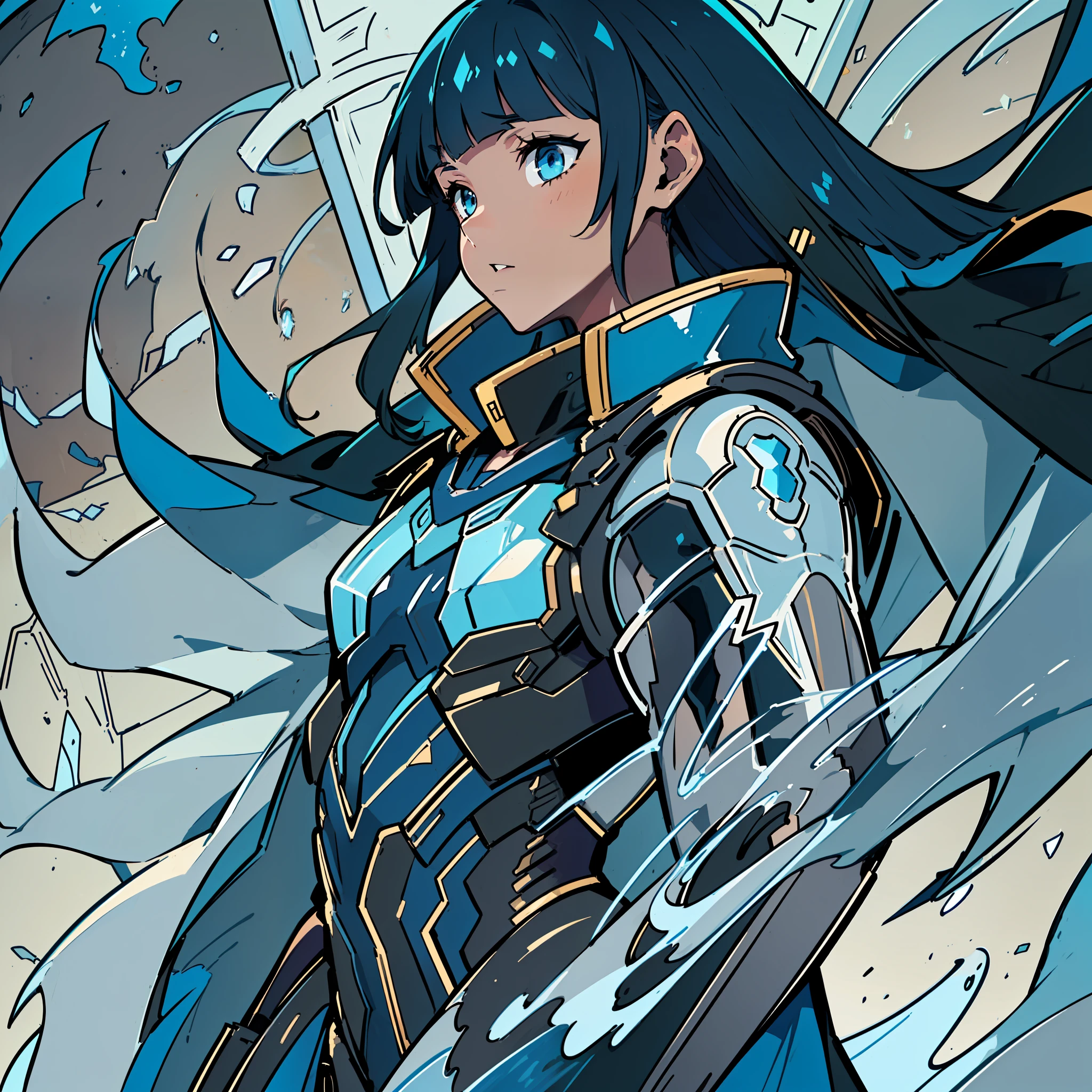 (((Profile Pic))), (((Flat Chest))) Female, (((Brown Skin)))), (((Long Dark Blue Hair with bangs)))), Light Blue Eyes, (((((Black Battle Tech Suit Covered by a Dark Blue Cape))))), Clothes Are Mostly Black in Color, But with Blue and White Parts