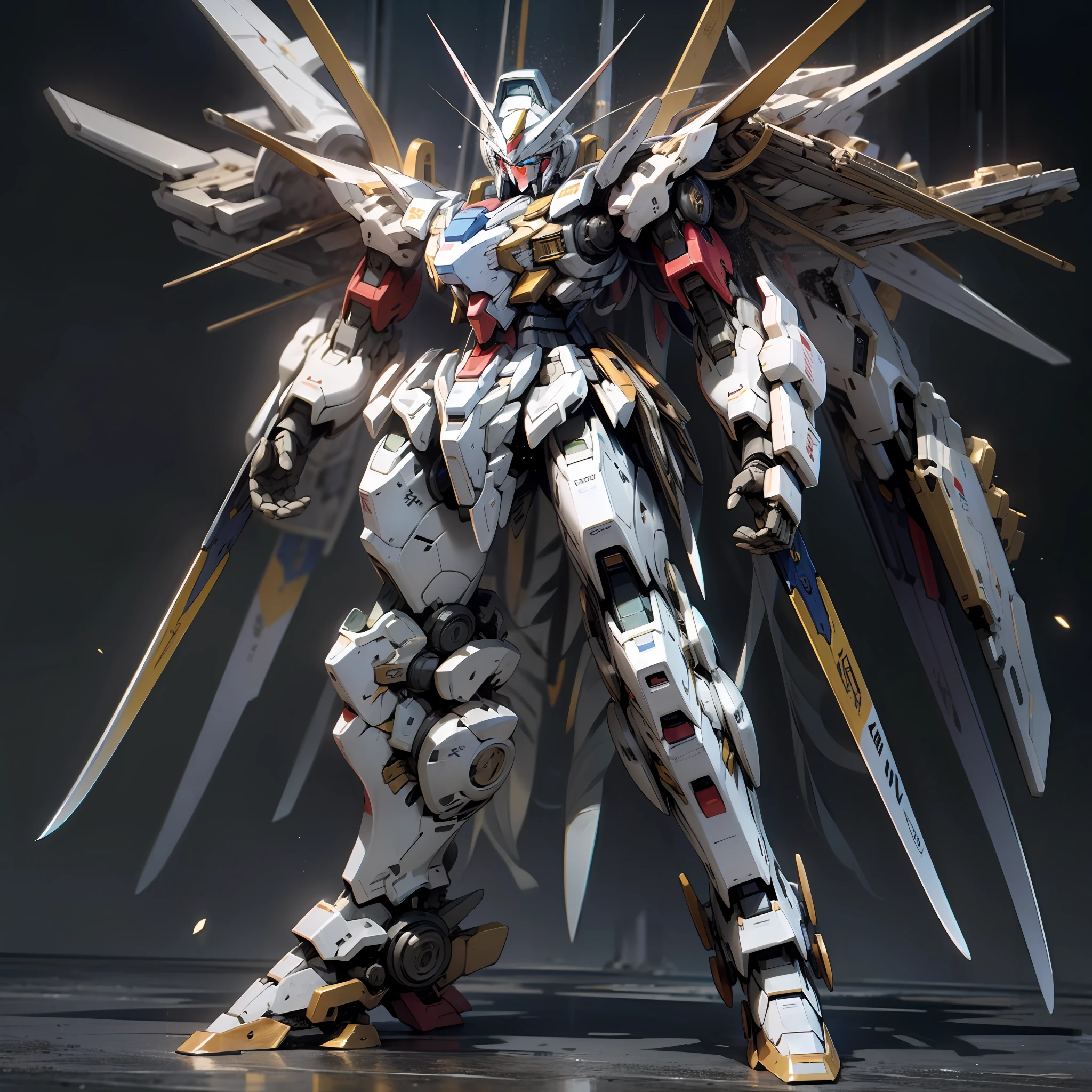 8k, masterpiece, high details, UHD，Blue-and-white spaced Gundam mechs, Gundam Mecha，symmetry, （Full front body：1.5），Tall body, the golden ratio，A giant sword in mecha form