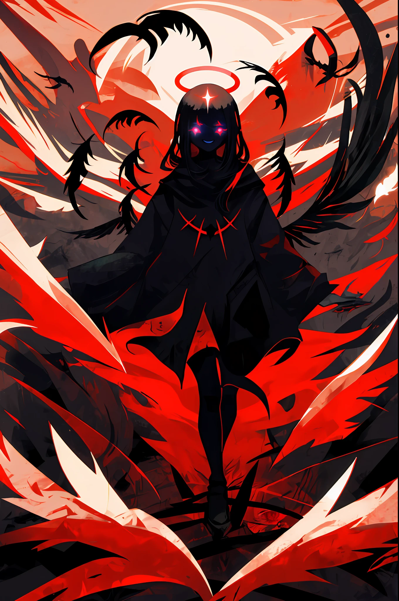 1girl, (scary), angel, flying, red clouds, side view, gorgeos, (red halo), dark, glowing eyes, red eyes, (angel wings), holy, sensual, black tunic, feathers, confident, smile, expressive eyes, collofull eyes, contrast, shadows, masterpiece, digital art, glowing eyes, intimidating, corrupted, demonic,
