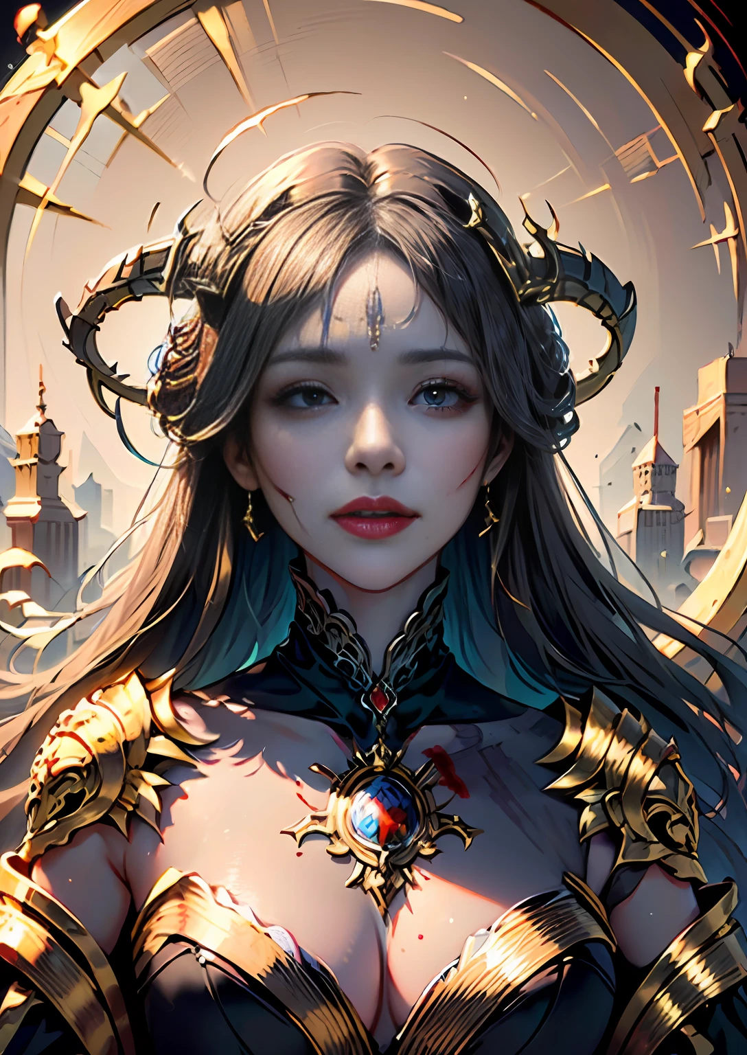 Masterpiece, (golden :1.5), best quality, ultra-detailed, enchanting facial features, black damask lace, dark painting style,a closeup portrait of a Evil goddess, long hair, celestial, (Blood:1.2)