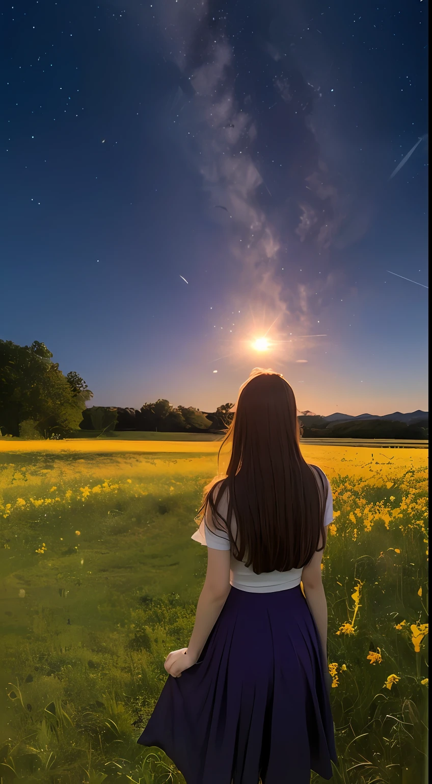 Vast landscape photo, (viewed from below, the sky is above and the open field is below), a girl standing on a flower field looking up, (full moon: 1.2), (meteor: 0.9), (nebula: 1.3), distant mountains , Trees BREAK Crafting Art, (Warm Light: 1.2), (Fireflies: 1.2), Lights, Lots of Purple and Orange, Intricate Details, Volumetric Lighting, Realism BREAK (Masterpiece: 1.2), (Best Quality), 4k, Ultra-Detailed, (Dynamic Composition: 1.4), Very Detailed, Colorful Details, (Rainbow Colors: 1.2), (Glow Lighting, Atmospheric Lighting), Dreamy, Magical, (Solo: 1.2)