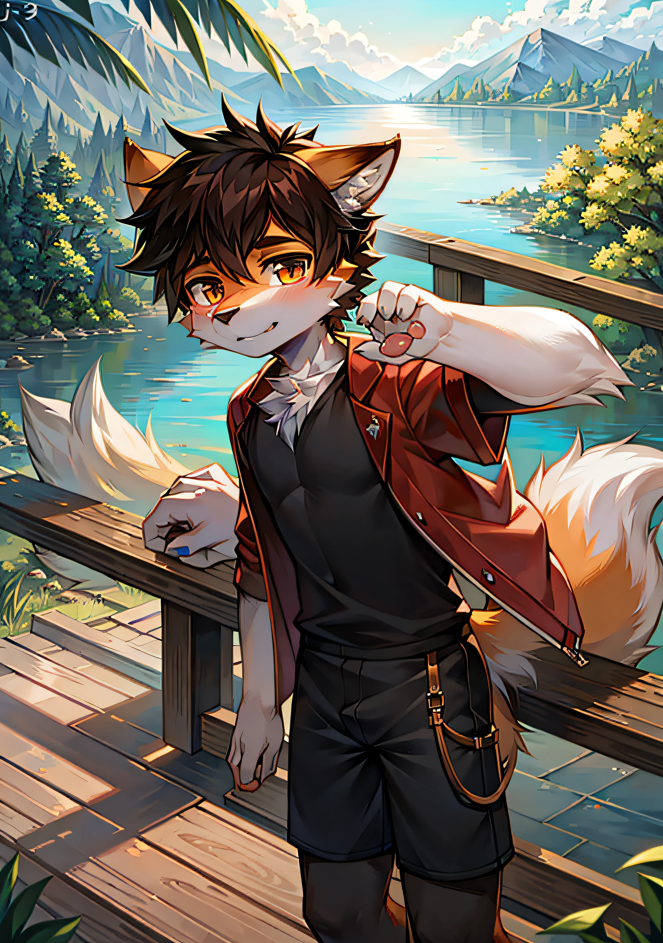 Seaside, short hair in light blue and white, two furry orc boys, blue sky and white clouds, no spots in the sky, light blue and white hair and fur everywhere, bright lights in the eyes, canine, big furry tail, high-quality portraits, super cute face, whole body, shy, not many clothes, rich colors, cute claws, animal ears,