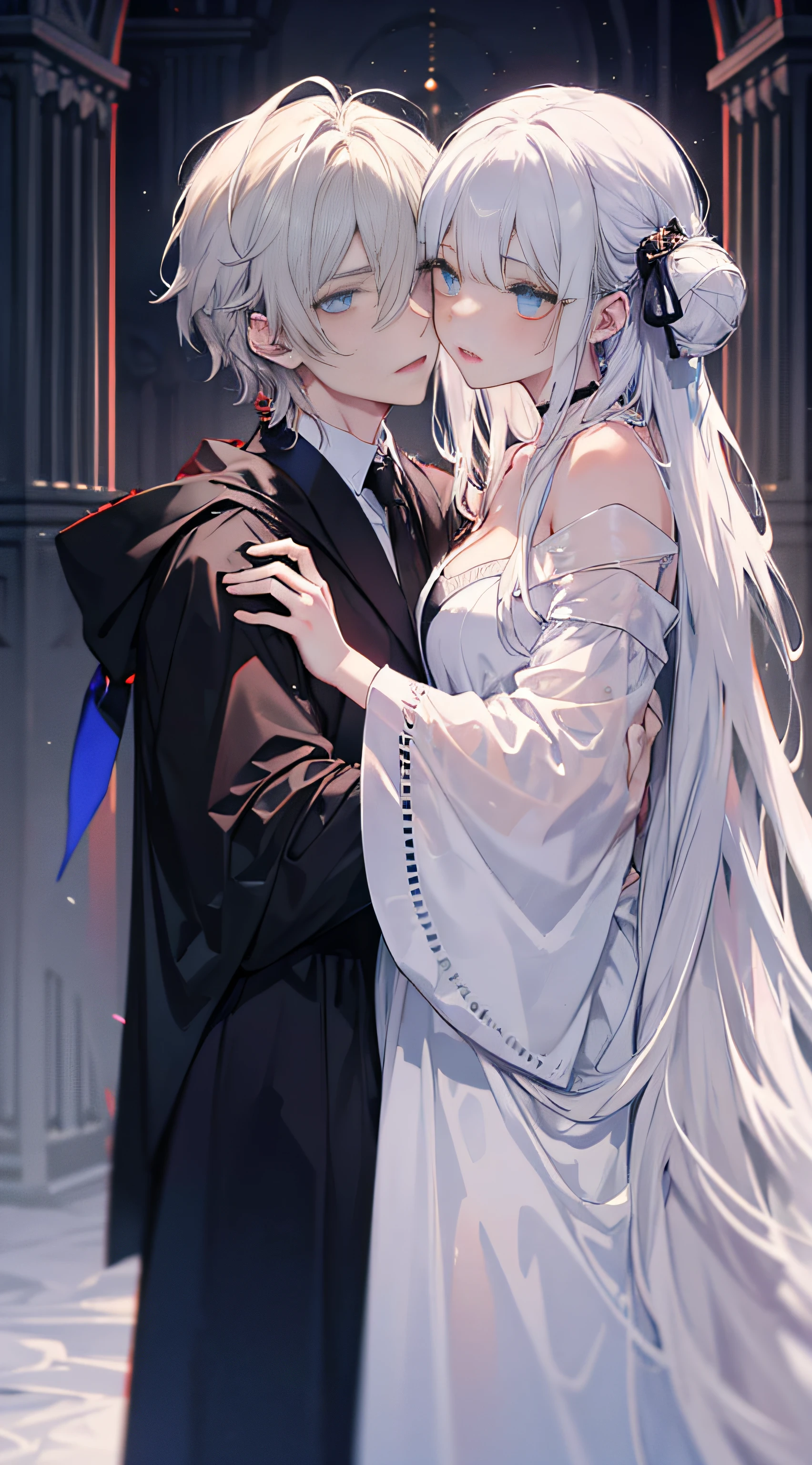 1man, sharp blue eyes with sharp pupils, White pointed hair，He wears a black robe，, intimate hug with his red-eyed wife((41 year old face))