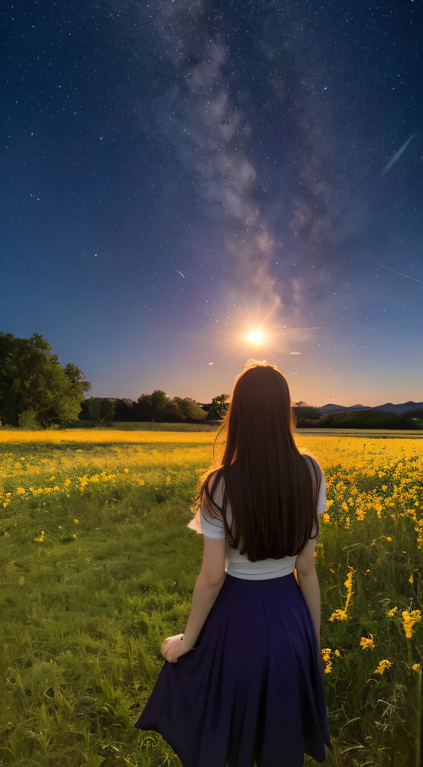 Vast landscape photo, (viewed from below, the sky is above and the open field is below), a girl standing on a flower field looking up, (full moon: 1.2), (meteor: 0.9), (nebula: 1.3), distant mountains , Trees BREAK Crafting Art, (Warm Light: 1.2), (Fireflies: 1.2), Lights, Lots of Purple and Orange, Intricate Details, Volumetric Lighting, Realism BREAK (Masterpiece: 1.2), (Best Quality), 4k, Ultra-Detailed, (Dynamic Composition: 1.4), Very Detailed, Colorful Details, (Rainbow Colors: 1.2), (Glow Lighting, Atmospheric Lighting), Dreamy, Magical, (Solo: 1.2)