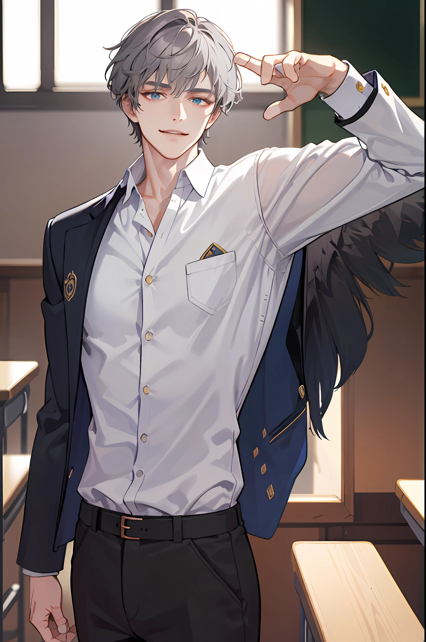 ((Masterpiece: 1.2, top quality)), (handsome: 1.4), best quality, 1man, short hair, hair trimmed short, very short hair tousled back, comma bangs, handsome student, solo, trendy, grey hair, icy blue eyes, lean body, tall body, skinny, masculine, alpha male, clean shaven face, broad shoulders, tiny waist, modern, man wears korean school uniform, sophisticated uniform, brown trousers, dark blue shirt, dark blue blazer, student council badge, half body shot, CG 8k, high school student, smirking, perfect anatomy, correct limbs, looking at viewer, in school classroom
