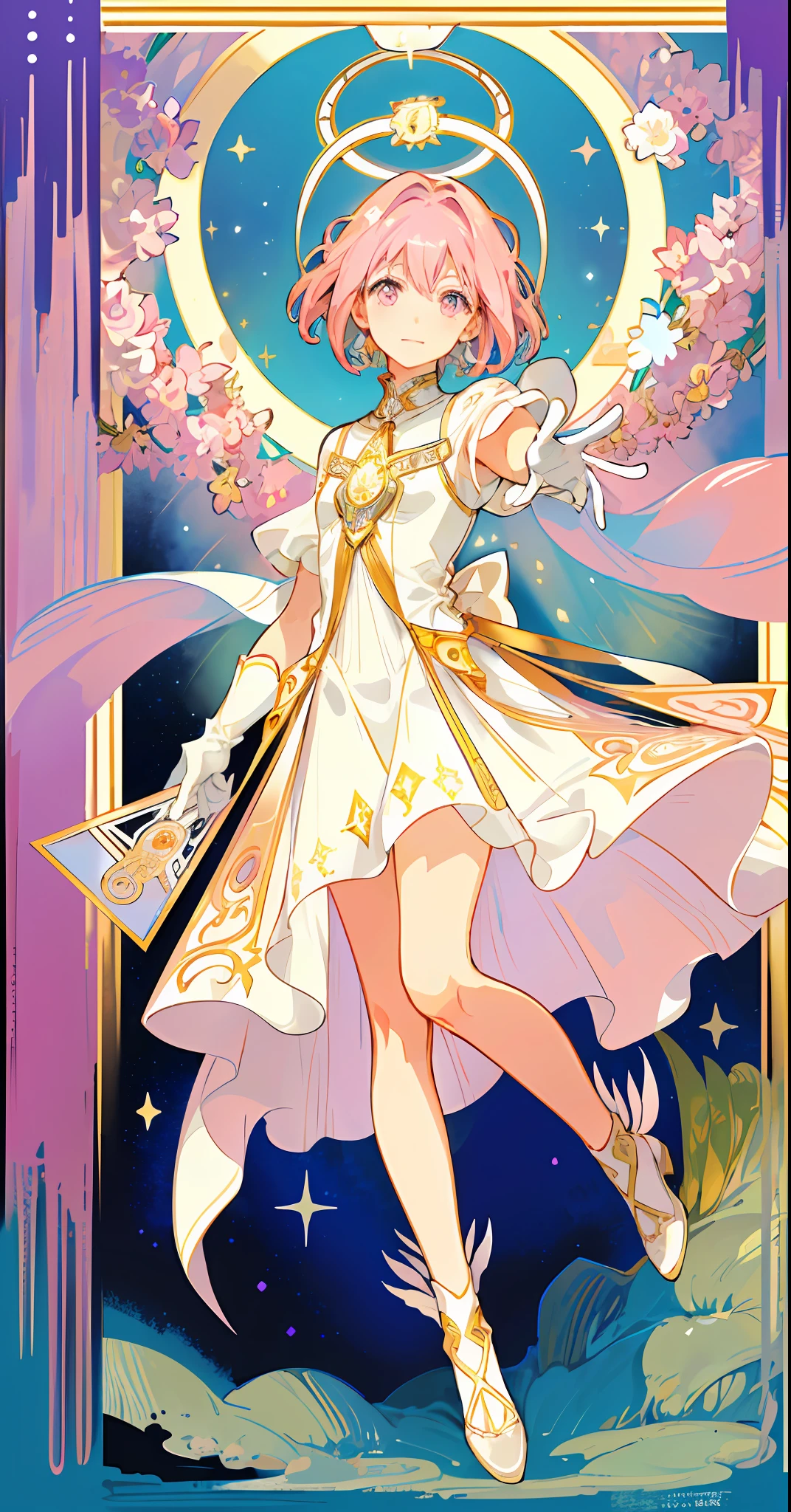 ((masterpiece,best quality)),(1girl, solo:1.4),beautiful detailed eyes, vivid, cinematic light, full_body, pink_flowers, (tarot_card), intricate, detailed background, looking_at_viewer, Madoka Kaname, hands reaching out, (flat chest), (walking), casual pose, posing, (white_gloves), (pink_eyes), white feathers, sparkles, glitter, celestial, outerspace, by alphonse mucha, (gold frame), halo, (tarot border)