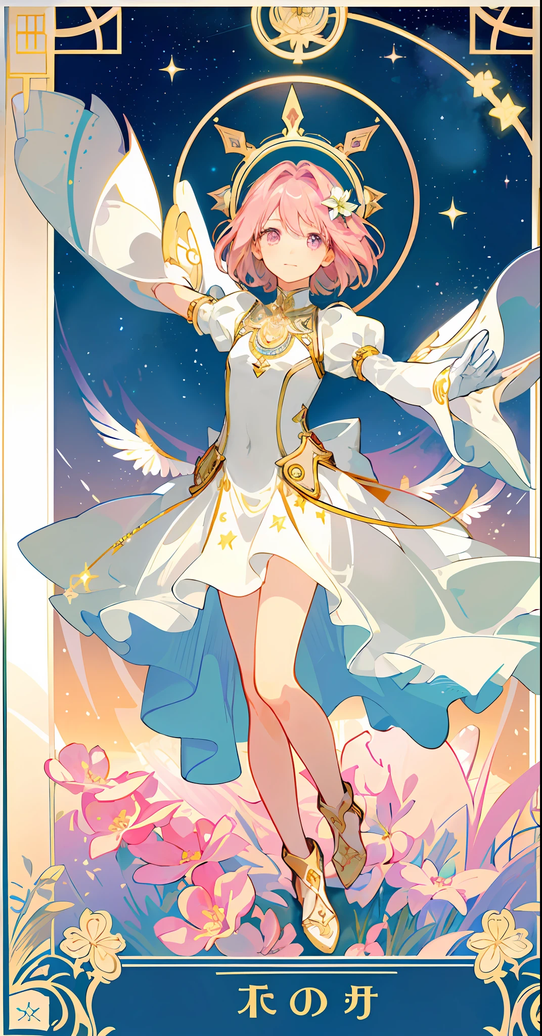 ((masterpiece,best quality)),(1girl, solo:1.4),beautiful detailed eyes, vivid, cinematic light, full_body, pink_flowers, (tarot_card), intricate, detailed background, looking_at_viewer, Madoka Kaname, hands reaching out, (flat chest), (walking), casual pose, posing, (white_gloves), (pink_eyes), white feathers, sparkles, glitter, celestial, outerspace, by alphonse mucha, (gold frame), halo, (tarot border)